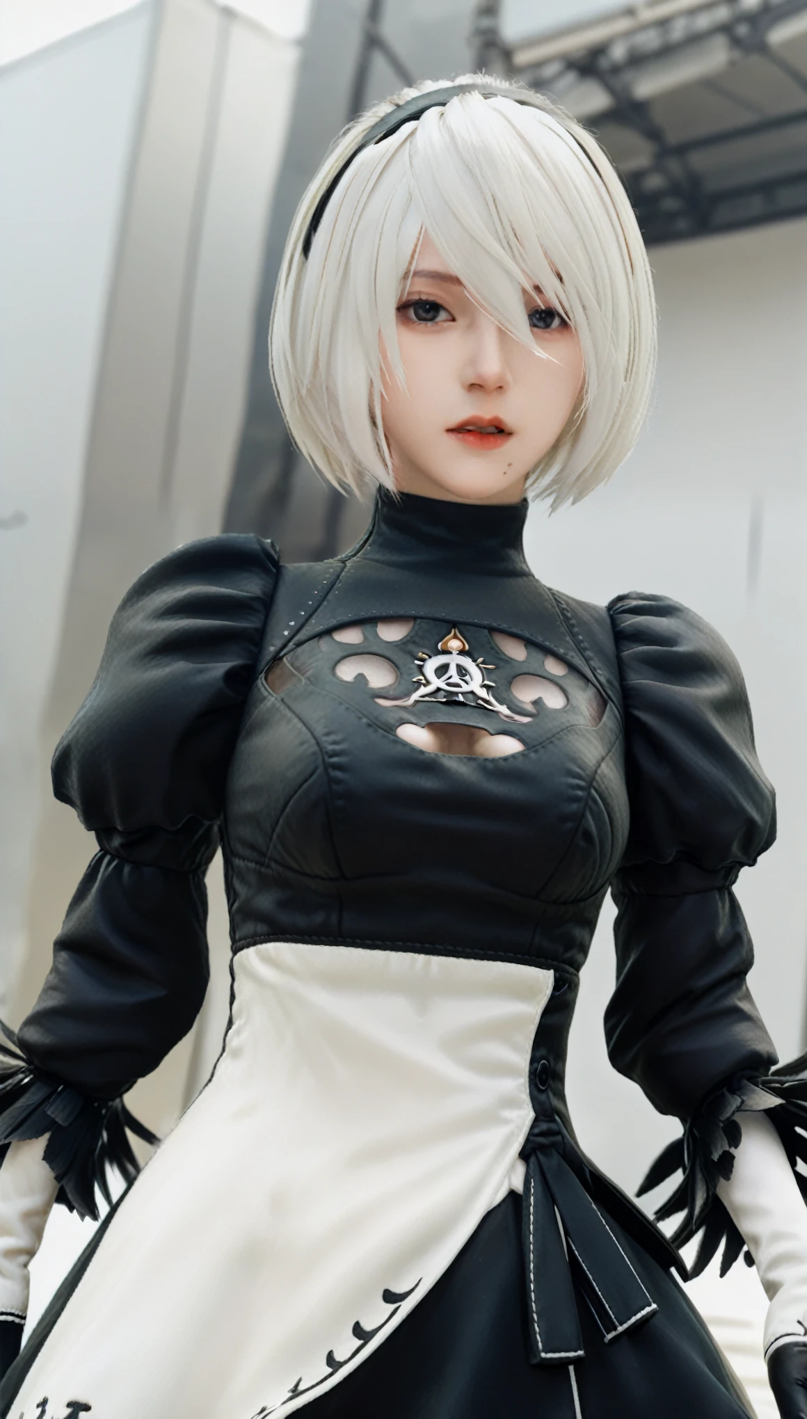 RealのSelfie、nier:Beautiful cosplay of 2B from Automata、2B takes a selfie、2Bのコスプレをした女性のSelfie、White skin、tall、Great style、Big Breasts、Small face、Small head、High nose、Beautiful Face、30 years old、British women、Half British、nier:2B&#39;s black costume from Automata、Stylish background、Light background、Blur the background、Fantasyな都市を背景に、peace sign、((2BのSelfie))、((Focus Zoom))、((Face Enhancement))、Shooting from a diagonal angle、masterpiece、highest quality、high resolution、コスプレイヤーのSelfie、Selfie、Professional Photoodel、Fantasy、Glaring at the audience、Angry expression、Cosplay Makeup、Real Cosplay Photo、Cool and beautiful photos、Wrapped in a pale white glow、good looking