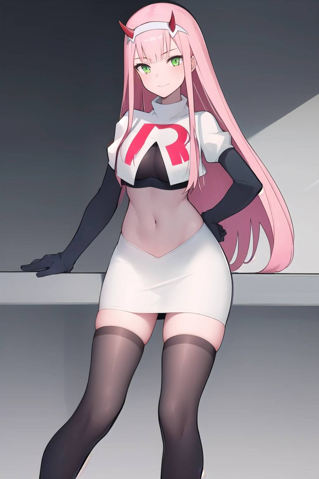 zero two \(darling in the franxx\), darling in the franxx, 1girl, bangs, green eyes, hairband, horns, long hair, looking at viewer, oni horns, pink hair, red horns, solo, team rocket,team rocket uniform,white skirt,red letter R,crop top,black thigh-highs,black elbow gloves, white hairband, ((masterpiece))