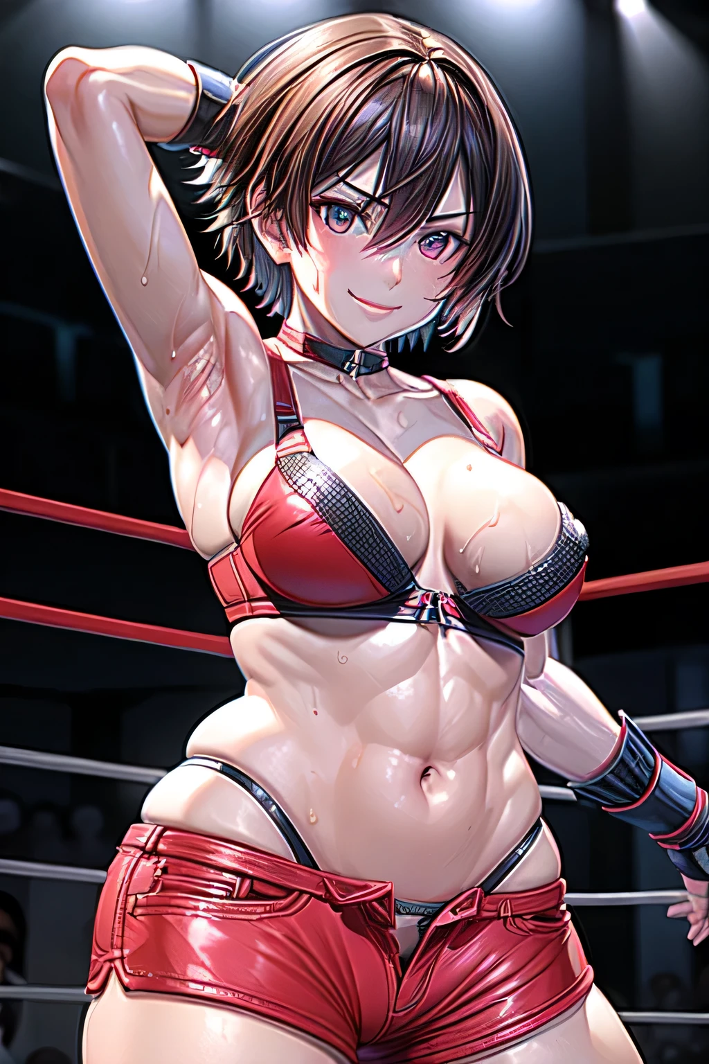 1girl,18yo,perfect hands, perfect finger,perfect anatomy,masterpiece, best quality,realistic, hyperrealistic, 16k hdr,,HINOMOTO_REIKO,large BREASTS,SHORT HAIR,BLACK HAIR,NAVEL, CLEAVAGE, BROWN EYES,BOOTS,CHOKER,MIDRIFF, FINGERLESS GLOVES,(RED SHORT SHORTS,red bra,thong:1.2),(erected nipples),sweat,(boxing ring,spot light),(sexy pose,hands behind head,armpits:1.5),dynamic pose,dynamic angle,smile,,from below,(upper body:1.1)