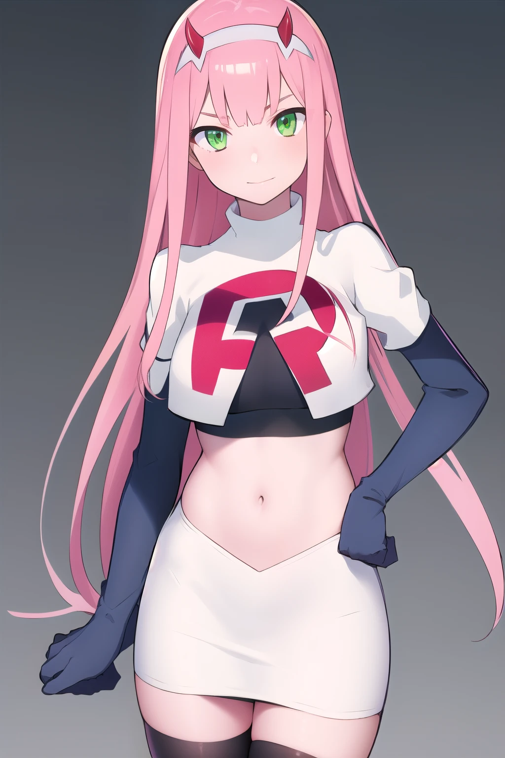 zero two \(darling in the franxx\), darling in the franxx, 1girl, bangs, green eyes, hairband, horns, long hair, looking at viewer, oni horns, pink hair, red horns, solo, team rocket,team rocket uniform,white skirt,red letter R,crop top,black thigh-highs,black elbow gloves, white hairband, ((masterpiece))