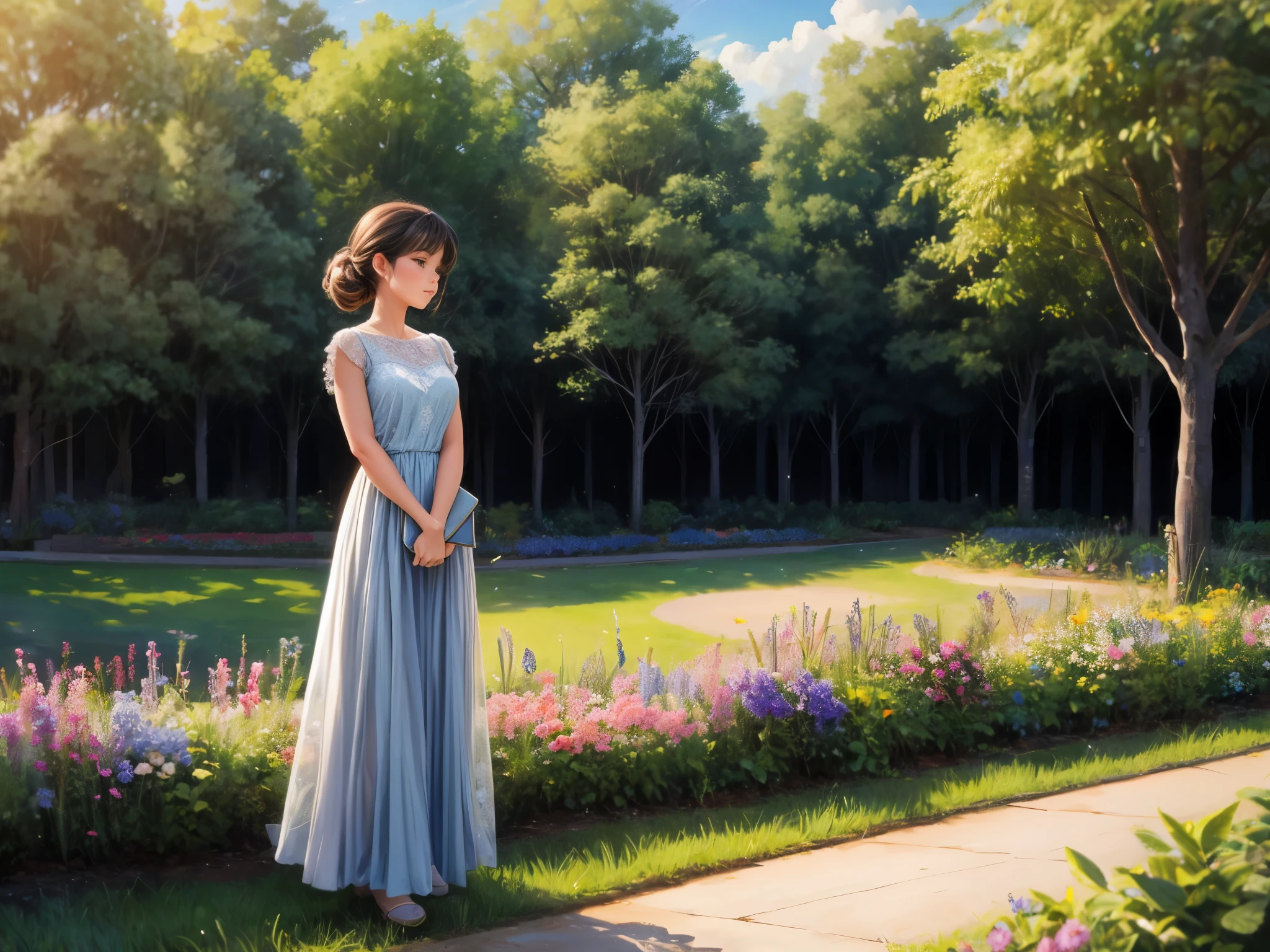 A girl in a garden,medium:oil painting,wearing a flowy dress, surrounded by colorful flowers and butterflies,best quality,realistic:1.37,soft and warm tones,soft sunlight filtering through the trees