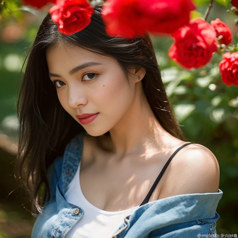 ((best quality, 8k, Masterpiece :1.3)), Clear face focus :1.2, sexy, Wearing old ripped jeans,) Wear a dark blue shirt. dark red, dark blue Dark, tight, bright colors,) Korean style, girl style. Long hair blows up with the force of the wind.,) White tattoo 25 years. perfect body beauty:1.4. In front of the camera. More intimate. clearer than this, countryside,) There is an old, thatched hut.,) There are red flowers around.,) Sunlight shines brightly in the evening, the sun is about to set, glistening °Full Body°, Highly detailed faces and textures, Detailed eyes, alone, Realistic photos:1.37 .. The fine texture of the tattooed skin.. hand tattoo. breasts tattoo , Shot with a high quality Fuji camera., Color light 45.,000,000 pixels ,)) Too realistic,)
