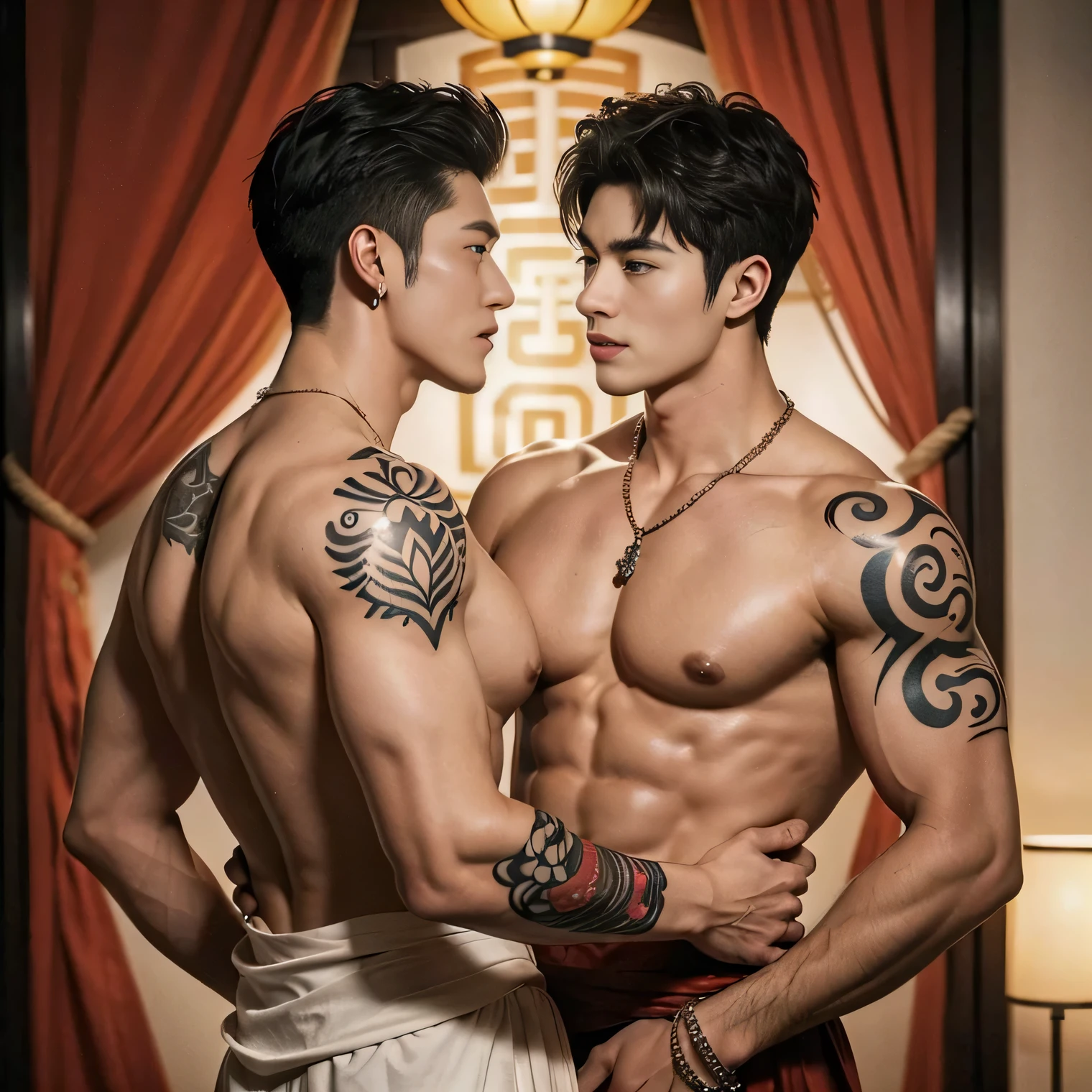 Two handsome boys kissing, smiling at each other, catching eyes ,hugging, kissing, touching lips, cuddle, romantic,skin ship, Chinese Men God, Mythology, realistic, Chinese odyssy, super Handsome,manly, kpop idol, handsome korean actor, 20 years old,, detailed face, manly jawline, detailed mess curly styling hair, Topless, Muscles, big breast Athlete body, Full Frame,full body shoots, Sexy, realistic, human skin, tattoo breast, Professional studio Lighting, long red tibet wedding Outfit, jade and golden pendent all over , detailed jewery in dress, earings,Chinese ancient wedding Background,out door, super detailed background,look at camera , open mouth, sexy Underneathe Underwear, tibet Warrior, Hanfu red wedding dress, tibet Male, tibet Nobel, Seduce , bare chest , tattoo chest, tattoo arms, tattoo hands, tattoo back, tattoo legs , detailed tattoos, big juicy butts, bare butts