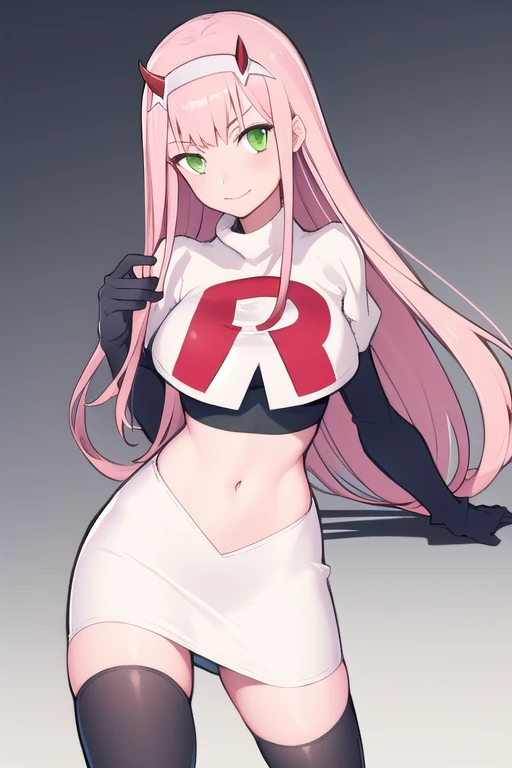 zero two \(darling in the franxx\), darling in the franxx, 1girl, bangs, green eyes, hairband, horns, long hair, looking at viewer, oni horns, pink hair, red horns, solo, team rocket,team rocket uniform,white skirt,red letter R,crop top,black thigh-highs,black elbow gloves, white hairband, ((masterpiece))