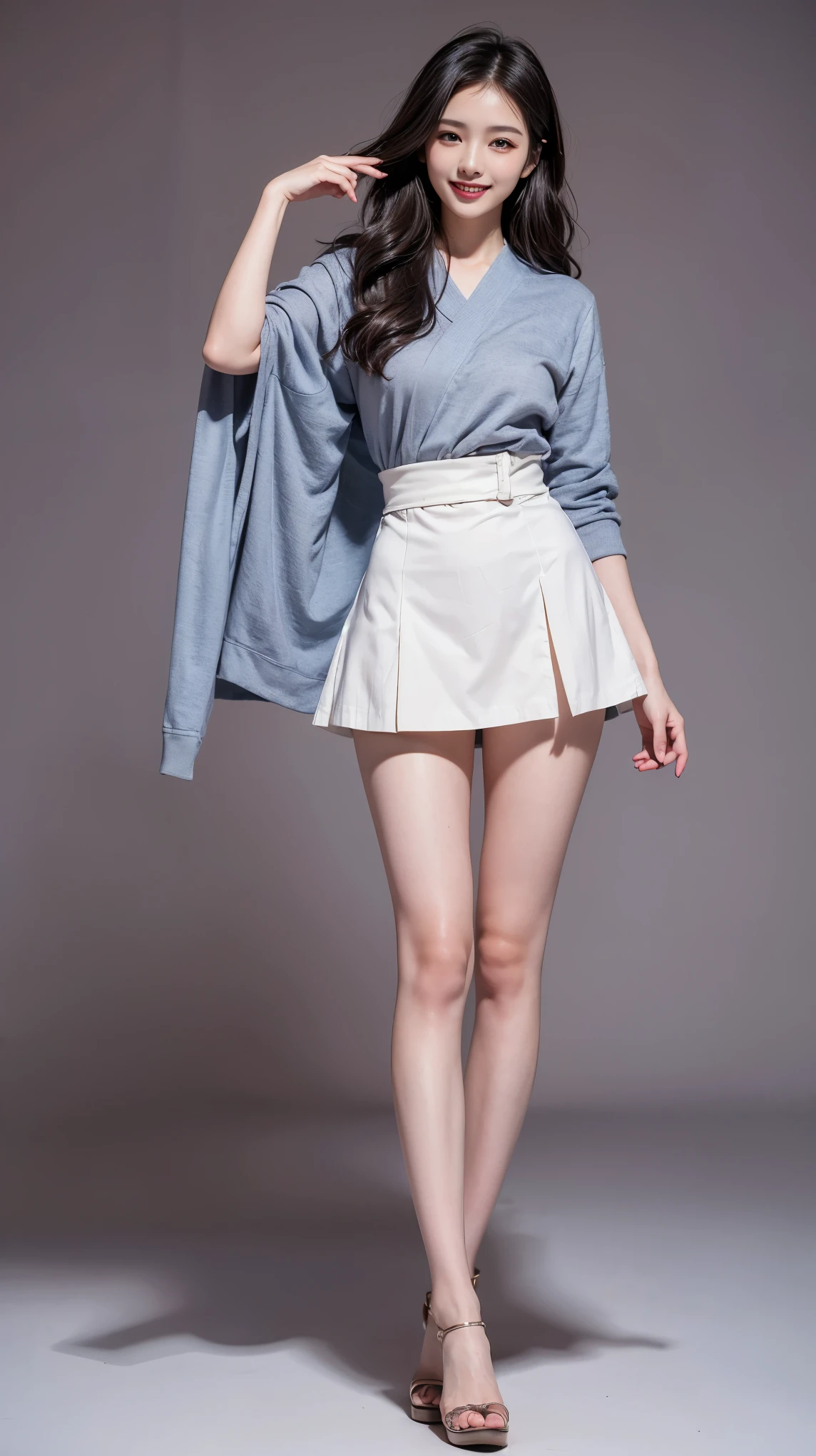 highest quality,masterpiece,Ultra-high resolution,Original photo,Ultra-high resolution,Beautiful woman 25 years old woman,Japanese women's clothing in the 1980s, uniform,Full Body,high waist,Flashy makeup using red eyeshadow,Big smile,Short cut with subtle side waves,whole body,Gray background,