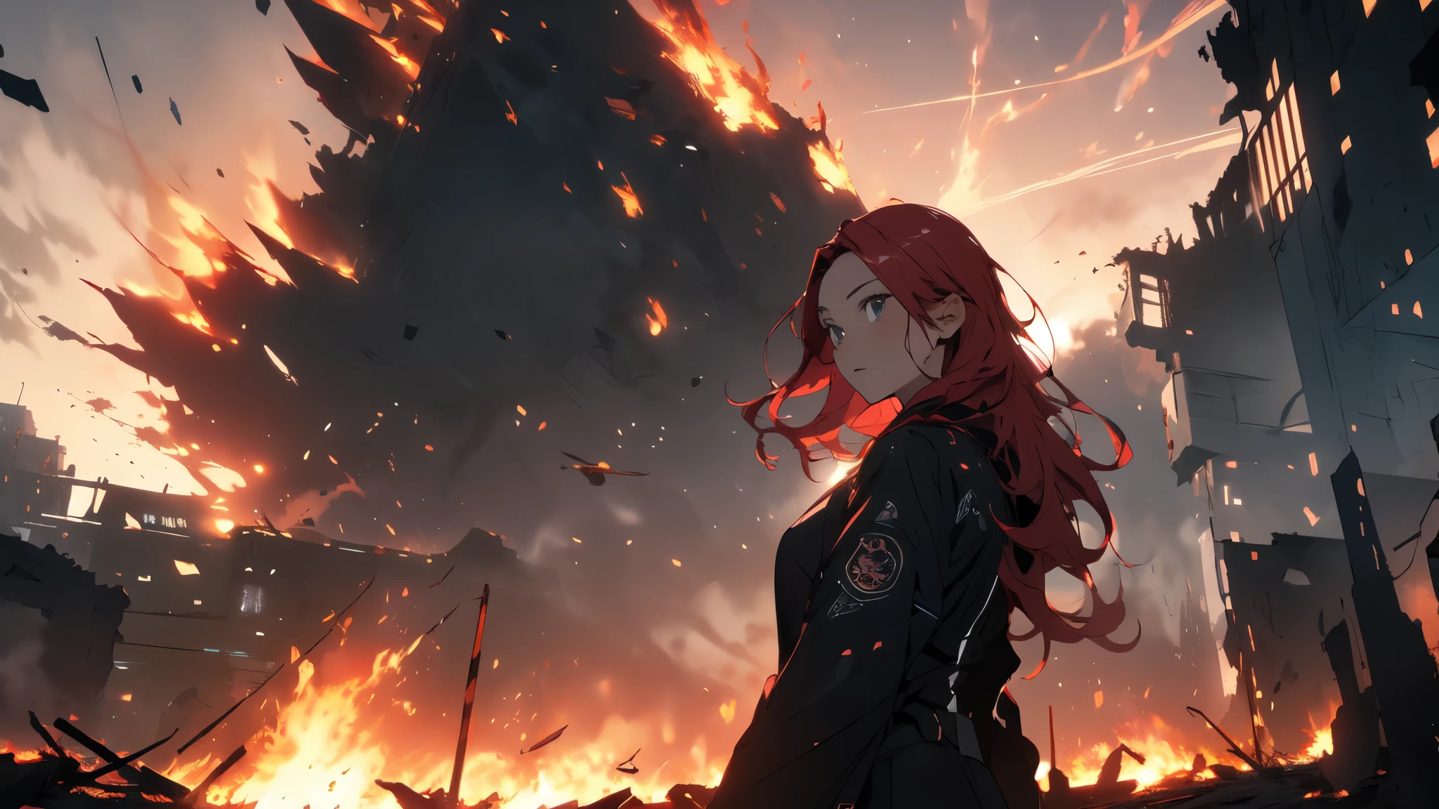 1 beautiful woman with long red hair, rockstar clothes, burning skies and a large phoenix flying in the sky, city in ruins in the background, lighting coming from the flames, very high resolution, very high definition, dynamic composition, intricate details, cinematic vision, image of action