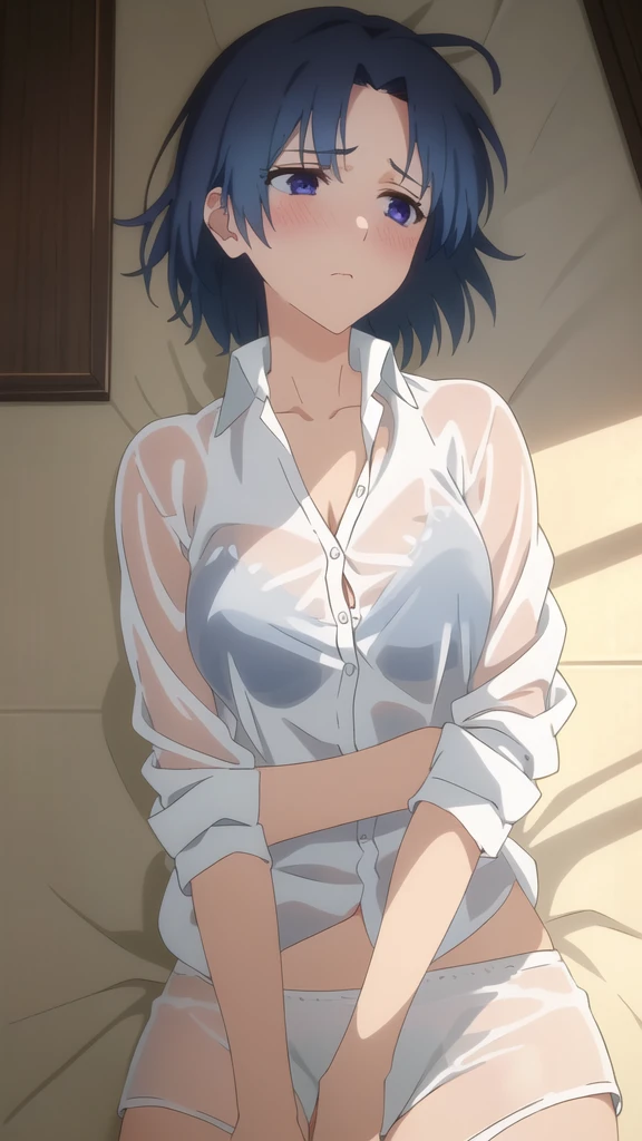 masterpiece, high quality, 8k, Beautiful lighting,sunny day, 1 girl, alone,Ai Kamiya, ,((White Shirt)),, ((See-through clothing)),,(White panties), ((Upper Body)),(slender thighs),Sheer white bra,,Troubled expression,Lie on the floor,,,Detailed face, Medium chest,,教室のLie on the floor,blush