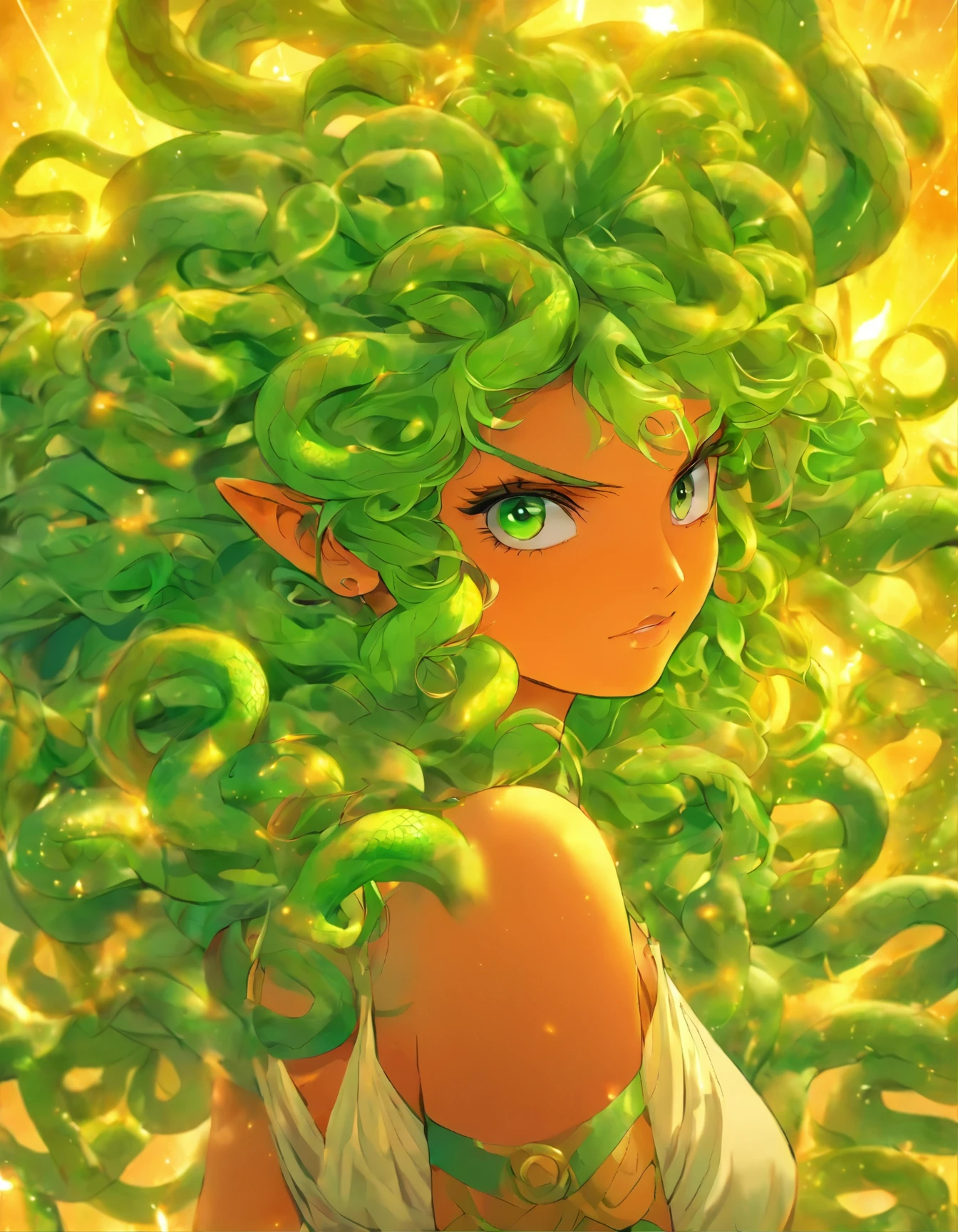 a drawing of a woman with a green hair and a white dress, beautiful female gorgon, ancient goddess, portrait of age medusa, very sad medusa, female medusa long hair, fierce medusa, goddess of greek mythology, her many snakes as hair, medusa, greek goddess, earth goddess mythology, male medusa, old greek goddess, the greek goddess aphrotite
