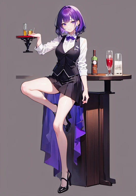 ((Perfect Face)),Purple Hair,Shortcuts,1 female,bartender,,Black vest,skirt,slit,,((Simple Background)),((smile)),((Full Body)),((full body)),upright,