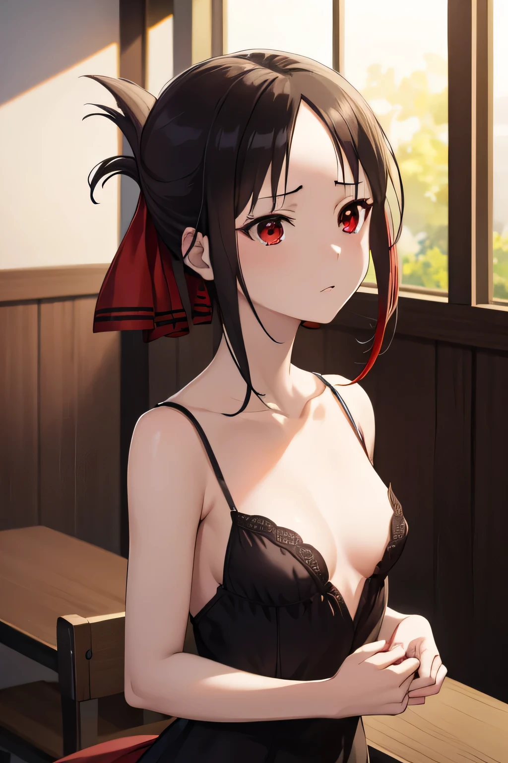 best quality, (masterpiece:1.2), detailed,20 years old,
shinomiya kaguya,
1girl, solo, (blush),
black hair, red eyes, short hair, folded ponytail, hair ribbon, ((laced bra)), panties, bedroom, manner, mansion, red ribbon,
Kneeling, bed, looking at the viewer, small breasts,(upper body), healthy skin, from above, (close up), ((at night)), (spreading legs)