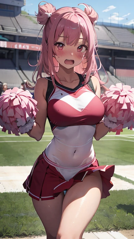 mastute piece,Best Quality,insanely detailed,8k cg,
shoot upper body,
1woman,18age,standing,body in front,looking at viewer,(cheer leader costume,pompoms),break,
blush,shy,(trembling:1.2),pink hair,break,open mouth,large breast,outdoor sports field,