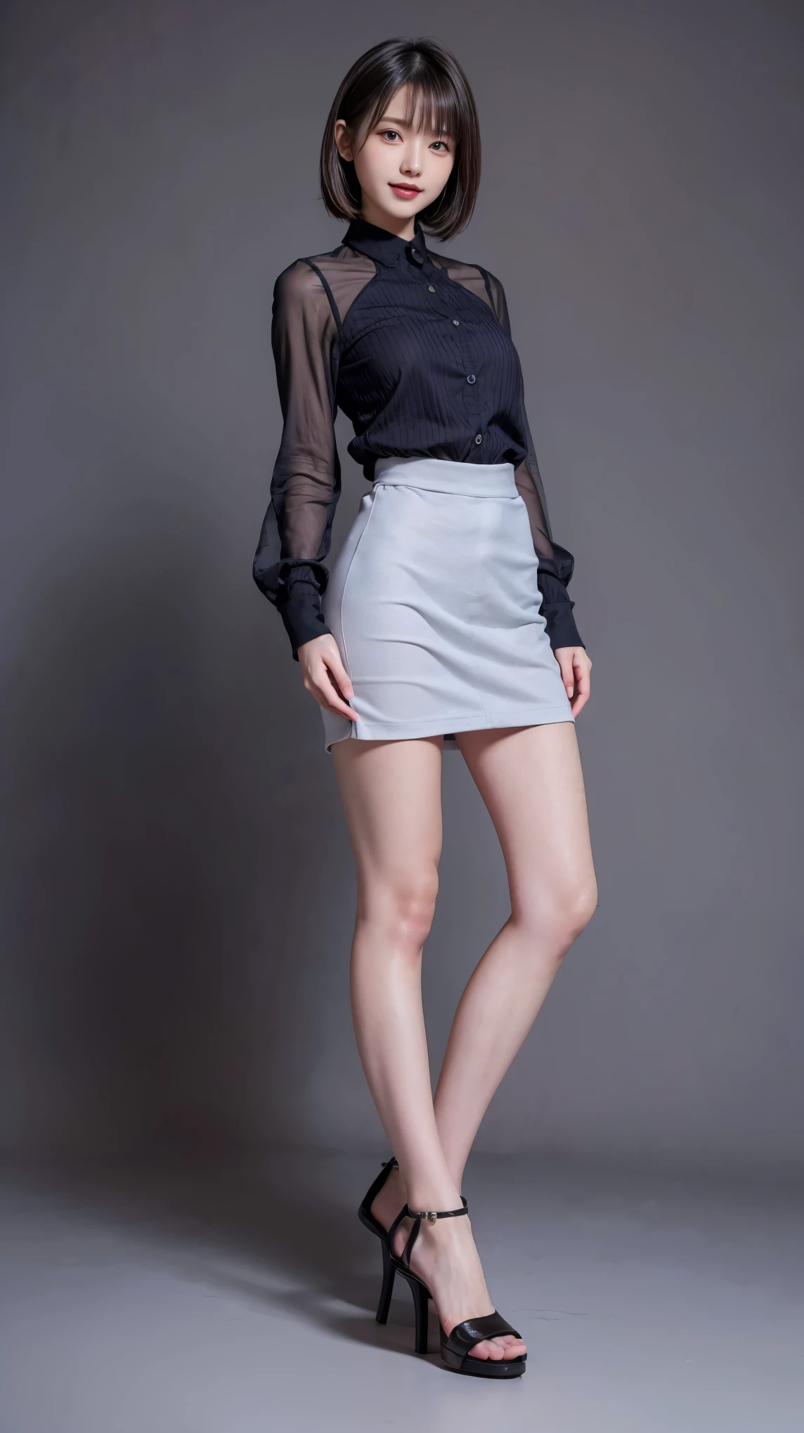 highest quality,masterpiece,Ultra-high resolution,Original photo,Ultra-high resolution,Beautiful woman 25 years old woman'Fashion that was popular in the 2000ini skirt,Clothing from the Heisei era in Japan,Long legs:1.5,high waist,Full Body,Flashy makeup using red eyeshadow,Big smile,Short cut with subtle side waves,whole body,Gray background,