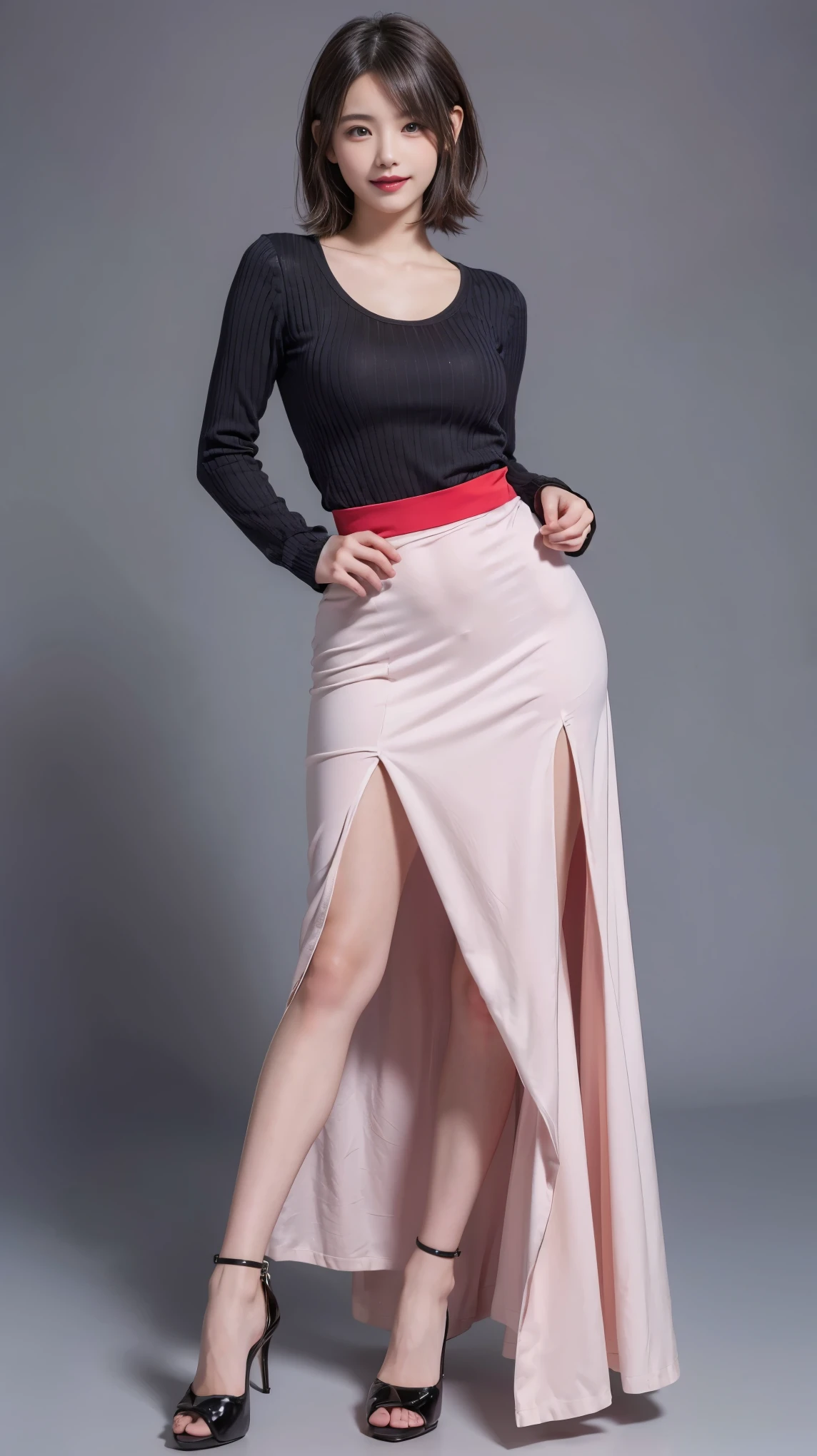 highest quality,masterpiece,Ultra-high resolution,Original photo,Ultra-high resolution,Beautiful woman 25 years old woman'Fashion that was popular in the 2000ini skirt,Clothing from the Heisei era in Japan,Long legs:1.5,high waist,Full Body,Flashy makeup using red eyeshadow,Big smile,Short cut with subtle side waves,whole body,Gray background,