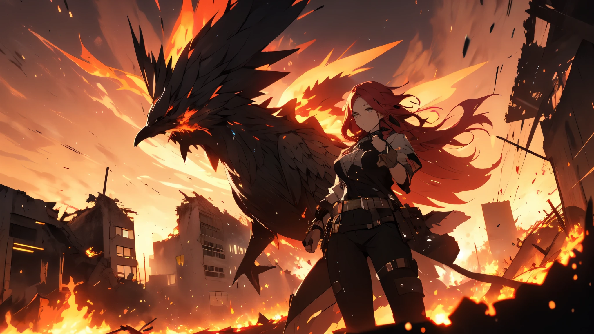 1 beautiful woman with long red hair, rockstar clothes, burning skies and a large phoenix flying in the sky, city in ruins in the background, lighting coming from the flames, very high resolution, very high definition, dynamic composition, intricate details, cinematic vision, image of action