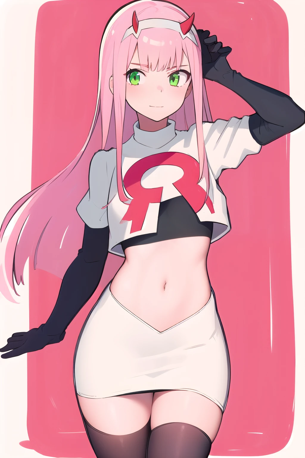 zero two \(darling in the franxx\), darling in the franxx, 1girl, bangs, green eyes, hairband, horns, long hair, looking at viewer, oni horns, pink hair, red horns, solo, team rocket,team rocket uniform,white skirt,red letter R,crop top,black thigh-highs,black elbow gloves, white hairband, ((masterpiece))