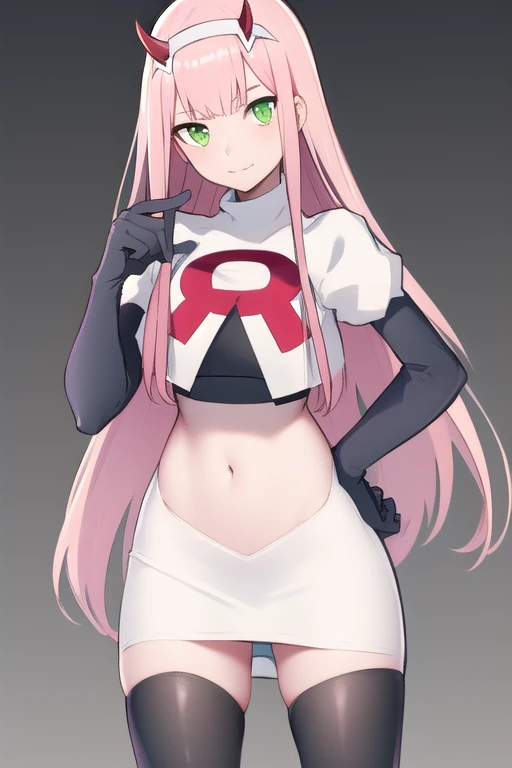 zero two \(darling in the franxx\), darling in the franxx, 1girl, bangs, green eyes, hairband, horns, long hair, looking at viewer, oni horns, pink hair, red horns, solo, team rocket,team rocket uniform,white skirt,red letter R,crop top,black thigh-highs,black elbow gloves, white hairband, ((masterpiece))