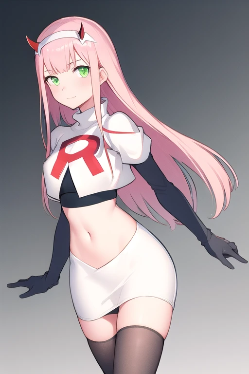 zero two \(darling in the franxx\), darling in the franxx, 1girl, bangs, green eyes, hairband, horns, long hair, looking at viewer, oni horns, pink hair, red horns, solo, team rocket,team rocket uniform,white skirt,red letter R,crop top,black thigh-highs,black elbow gloves, white hairband, ((masterpiece))