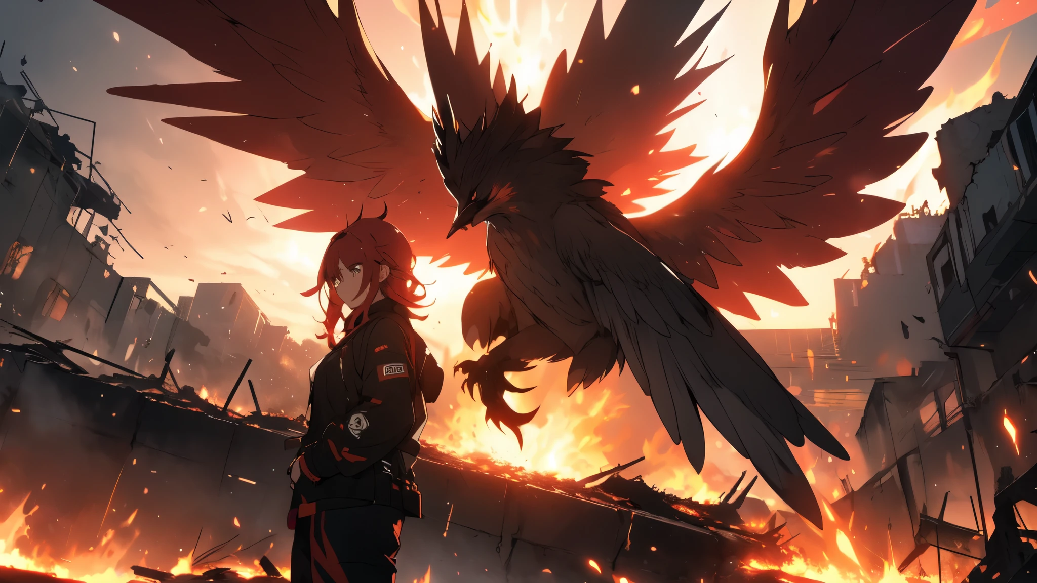 1 beautiful woman with long red hair, rockstar clothes, burning skies and a large phoenix flying in the sky, city in ruins in the background, lighting coming from the flames, very high resolution, very high definition, dynamic composition, intricate details, cinematic vision, image of action
