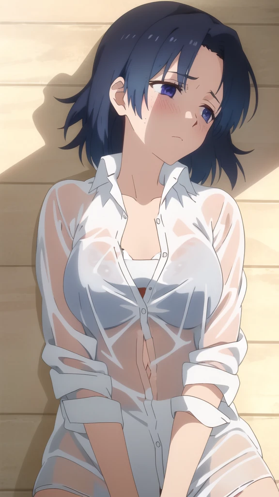 masterpiece, high quality, 8k, Beautiful lighting,sunny day, 1 girl, alone,Ai　Kamiya, ,((White Shirt)),, ((See-through clothing)),,（White panties）, ((Upper Body)),(slender thighs）,Sheer white bra,,Troubled expression,Lie on the floor,,,Detailed face, Medium chest,,教室のLie on the floor,blush