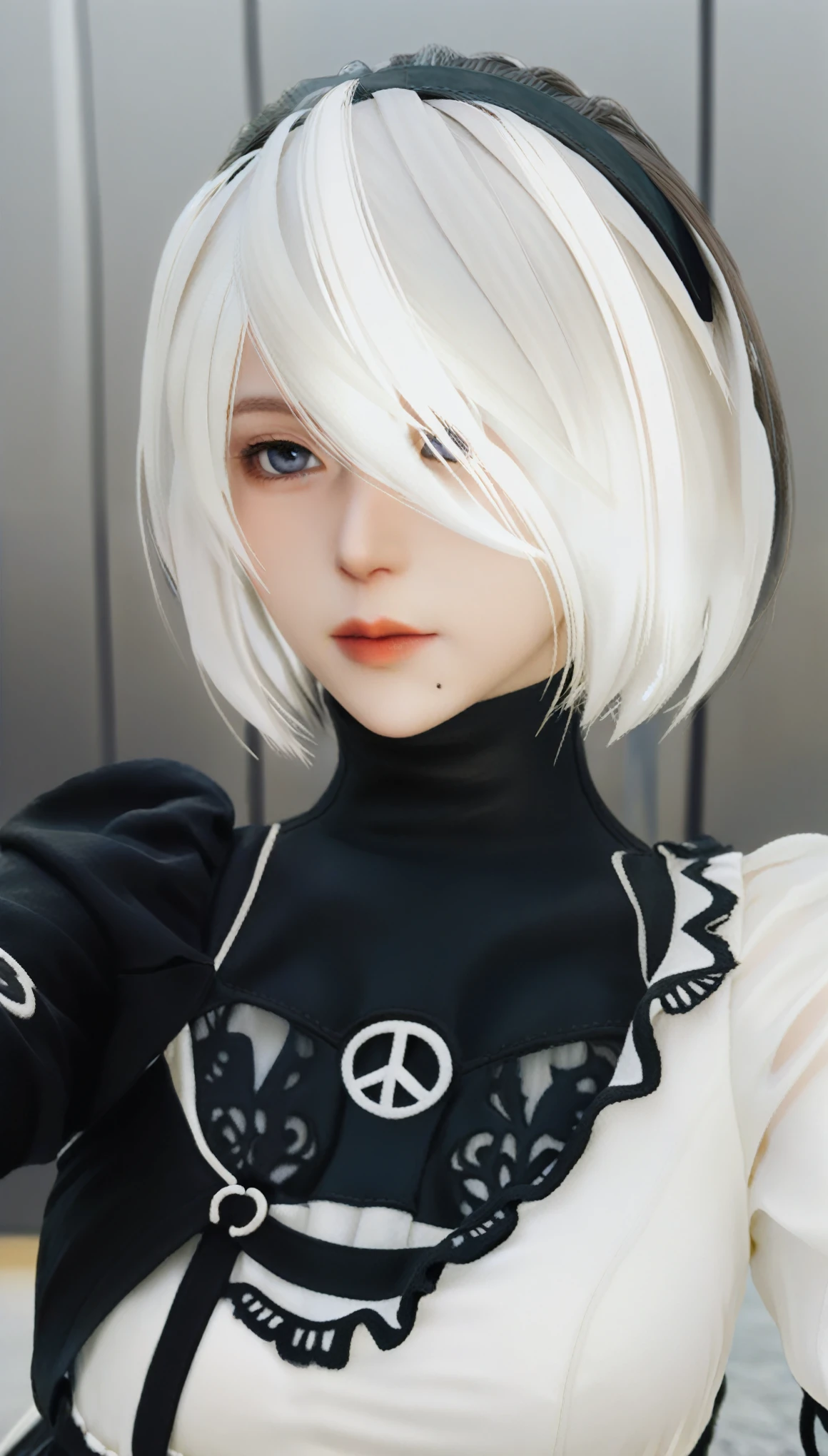 RealのSelfie、nier:Beautiful cosplay of 2B from Automata、2B takes a selfie、2Bのコスプレをした女性のSelfie、White skin、tall、Great style、Big Breasts、Small face、Small head、High nose、Beautiful Face、30 years old、British women、Half British、nier:2B&#39;s black costume from Automata、Stylish background、Light background、Blur the background、Fantasyな都市を背景に、peace sign、((2BのSelfie))、((Focus Zoom))、((Face Enhancement))、Shooting from a diagonal angle、masterpiece、highest quality、high resolution、コスプレイヤーのSelfie、Selfie、Professional Photoodel、Fantasy、Glaring at the audience、Angry expression、Cosplay Makeup、Real Cosplay Photo、Cool and beautiful photos、Wrapped in a pale white glow、good looking