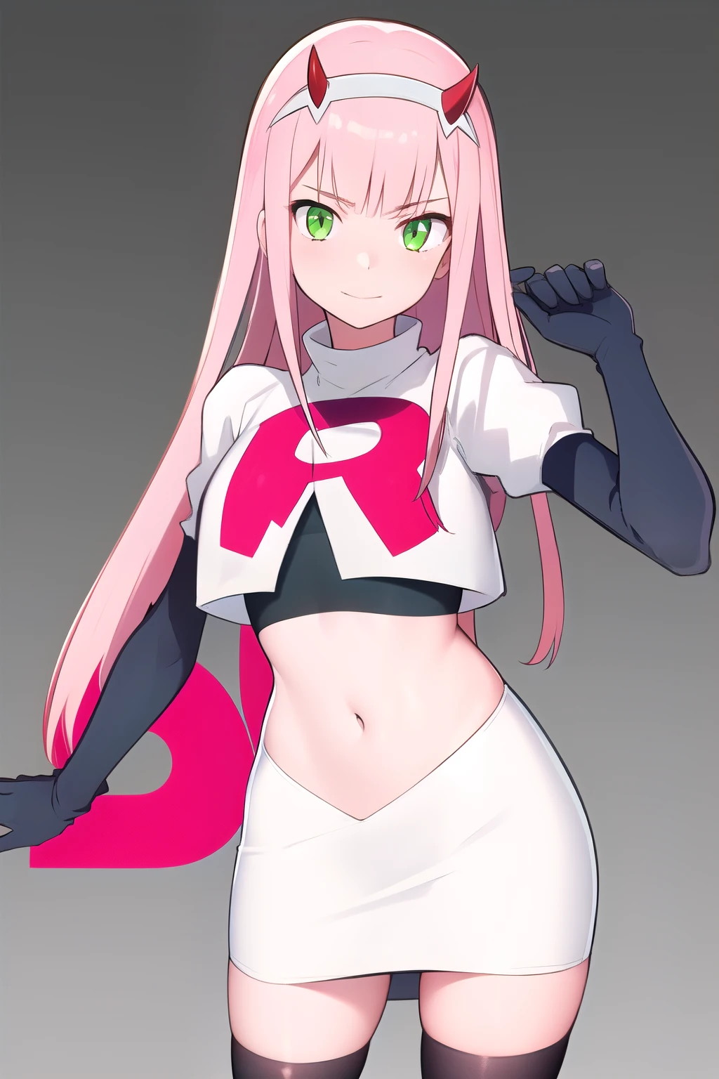 zero two \(darling in the franxx\), darling in the franxx, 1girl, bangs, green eyes, hairband, horns, long hair, looking at viewer, oni horns, pink hair, red horns, solo, team rocket,team rocket uniform,white skirt,red letter R,crop top,black thigh-highs,black elbow gloves, white hairband, ((masterpiece))