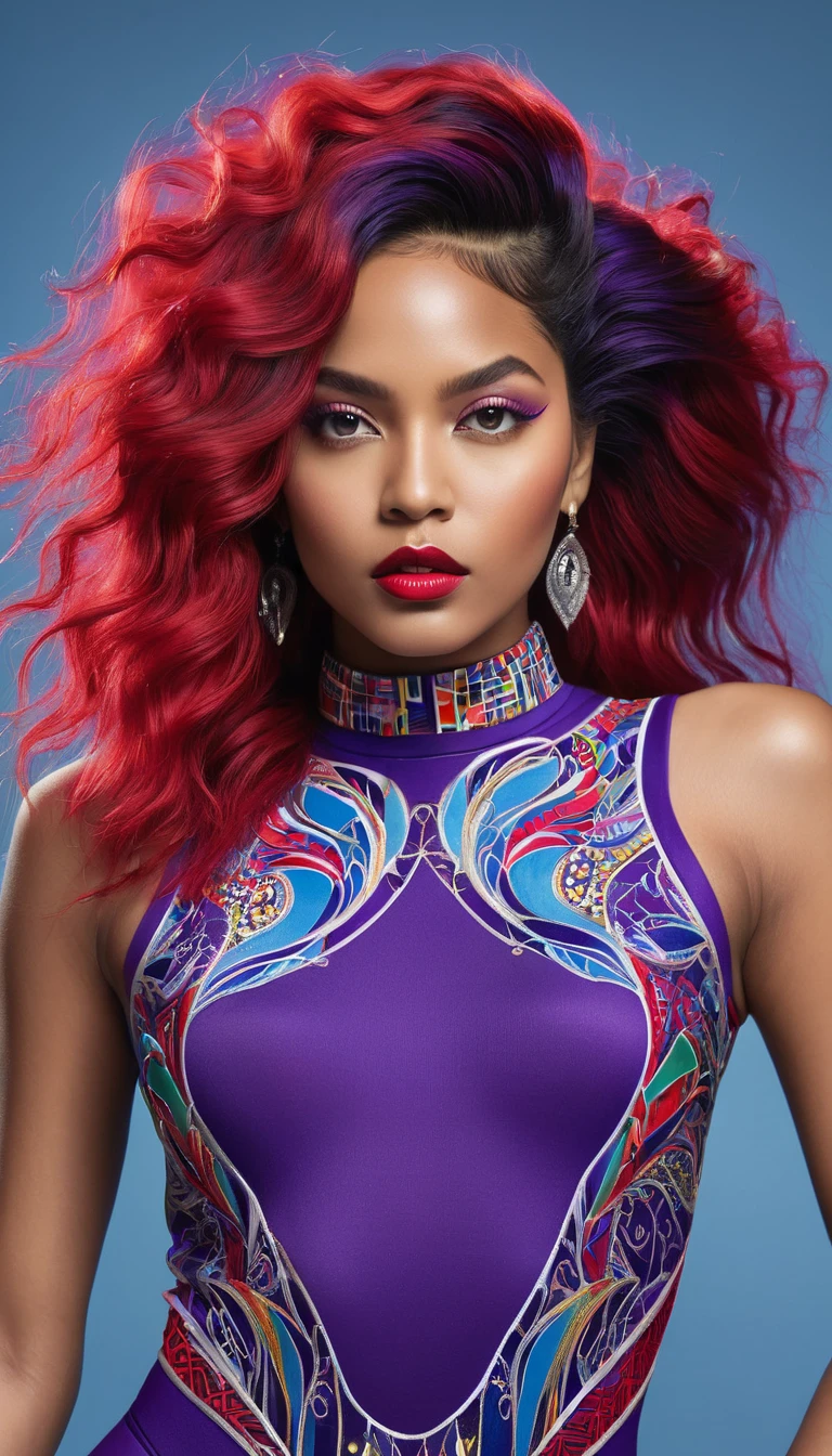 The girl is depicted as a symbol of modern femininity, breaking societal norms with her fearless expression of self. She wears a striking outfit consisting of a vibrant, form-fitting bodysuit in bold colors like crimson red or royal purple, symbolizing her defiance against gender stereotypes. Her attire is adorned with symbols of female empowerment, such as intricate patterns inspired by feminist icons or slogans advocating for gender equality.

Her features are depicted with precision, capturing the determination in her eyes and the determination in her posture. Her hair flows freely, perhaps adorned with accessories that reflect her individuality and strength.