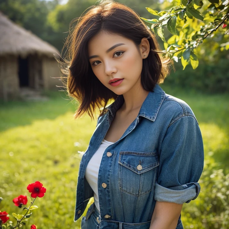 ((best quality, 8k, Masterpiece :1.3)), Clear face focus :1.2, sexy,Huge breasts bouncing and overflowing.,) Wearing old ripped jeans,) Wear a brightly colored tight-fitting, dark red, dark blue, shirt.,) Korean style, girl style. Long hair blows up with the force of the wind.,) White tattoo 25 years. perfect body beauty:1.4. In front of the camera. More intimate. clearer than this, countryside,) There is an old, thatched hut.,) There are red flowers around.,) Sunlight shines brightly in the evening, the sun is about to set, glistening °Full Body°, Highly detailed faces and textures, Detailed eyes, alone, Realistic photos:1.37 .. The fine texture of the tattooed skin.. hand tattoo. breasts tattoo , Shot with a high quality Fuji camera., Color light 45.,000,000 pixels ,)) Too realistic,)