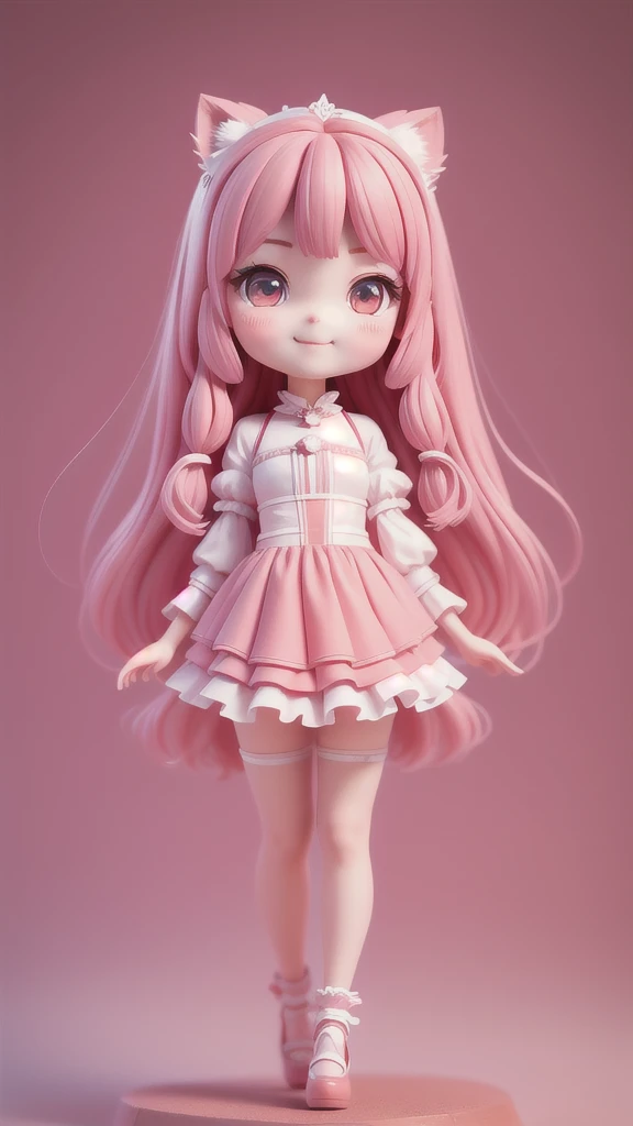 (masterpiece), (better quality), (Super detailed), (whole body: 1.2), 1 , Red Cliff, fair, Smile, Colorless background, skirt, blush, : 3, Long hair, Fuzzy, Dark pink hair, adesivos de blush, stripe, (Beautiful and delicate face), (Beautiful and delicate eyes), whole body,