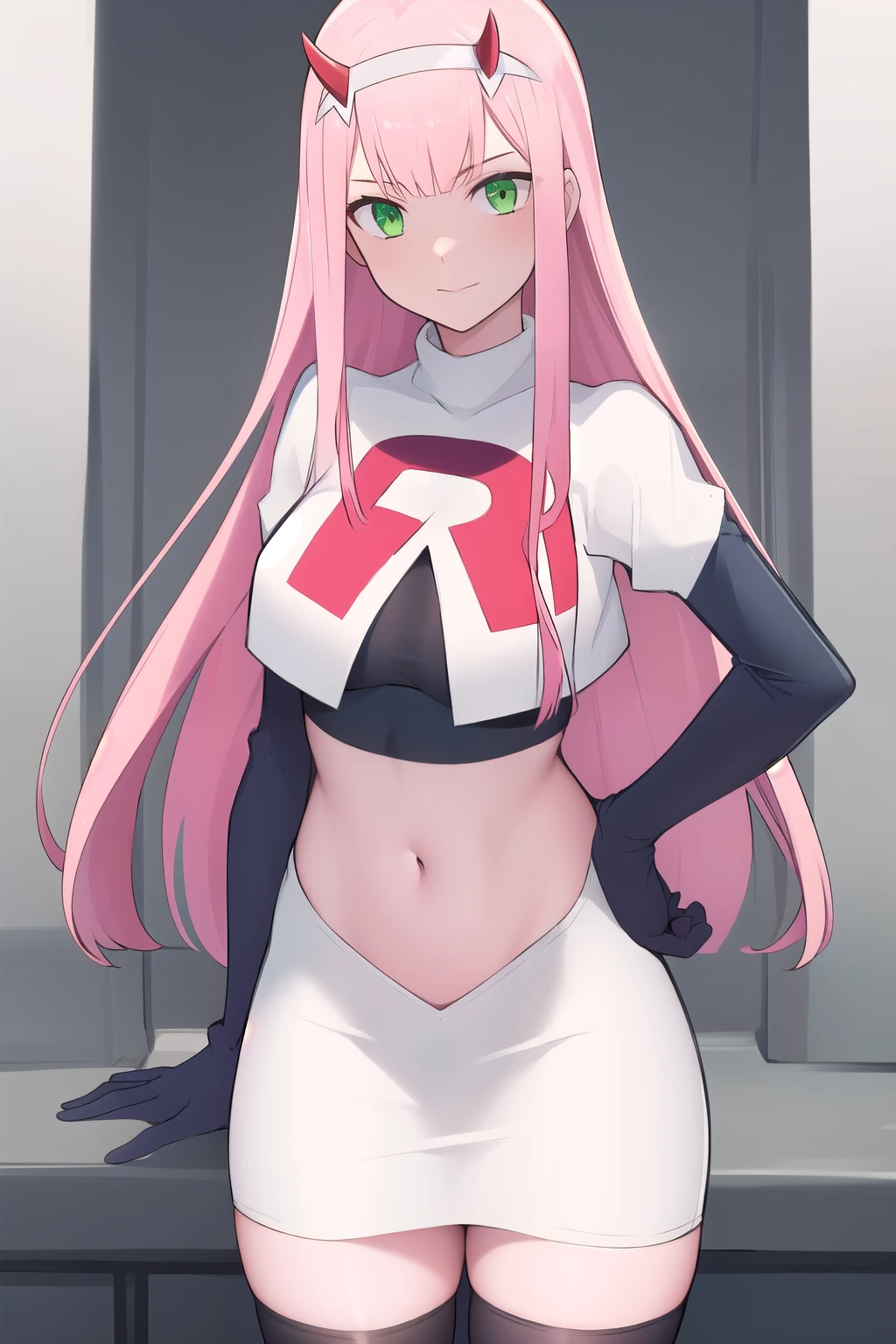 zero two \(darling in the franxx\), darling in the franxx, 1girl, bangs, green eyes, hairband, horns, long hair, looking at viewer, oni horns, pink hair, red horns, solo, team rocket,team rocket uniform,white skirt,red letter R,crop top,black thigh-highs,black elbow gloves, white hairband, ((masterpiece))
