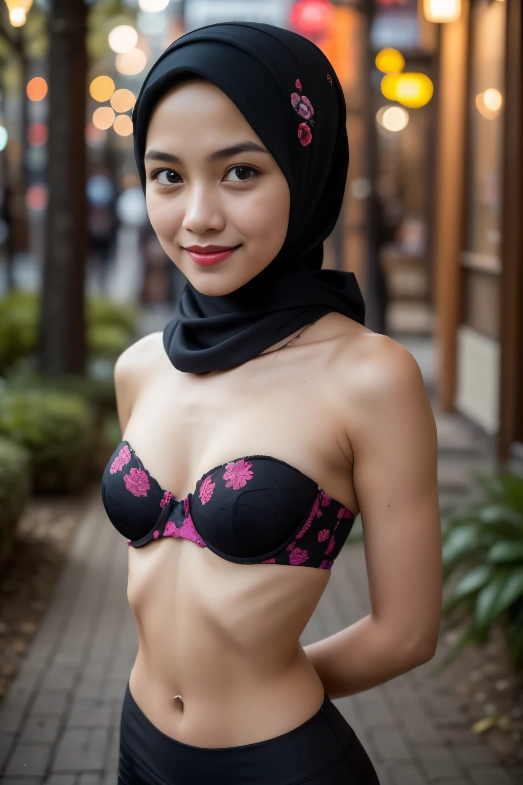 ("Wearing Leggings"), (Happy smile), (((HIJAB MALAY GIRL))), masutepiece, High quality, UHD 32K, Realistic face, Realistic skin feeling , A Japanese Lady, 8 , , Very cute and baby-like face, (((FLAT CHEST))), (Night time at forest), ((look In front  at the camera and SADNESS)), ((())), (((CUTE GIRL))), ((RED LIPS)), ((Floral Pattern)) little wearing strapless bra, strapless colorful bra, dark night background , black forest night, horror scary place (from behind), ((flat chest:1.2))