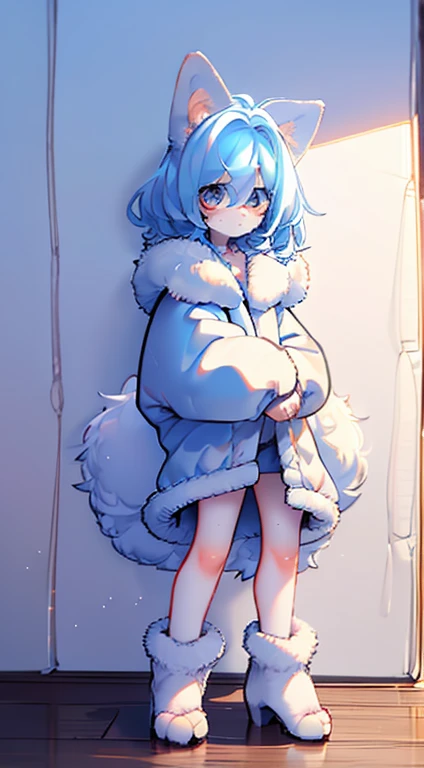 macho, arctic wolf, olhos amarelos detalhados, coisa grande fralda lisa com 4 fitas, holding stuffed animal, feliz, rubor, magro, astuto, copos, chupando dedo, fralda grande