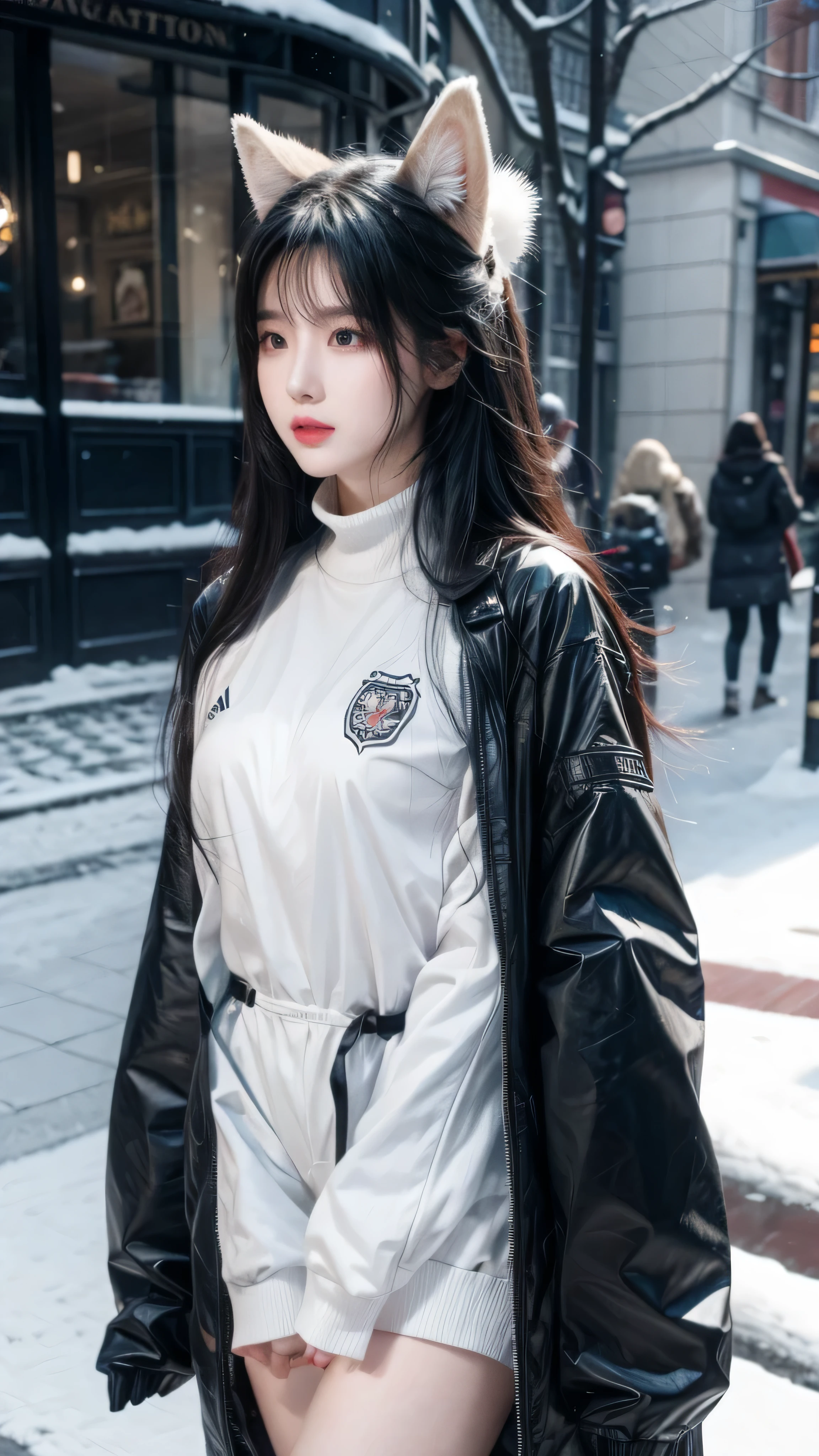 Ahri、ahri_(league_of_legends)、1 Girl、Disorganized、animal_ears、black_hair、detached_sleeves、distr、facial_mark、hand_up、High resolution、league_of_legends、long_hair、Snow Suit、magic、multiple_tails、white_tails、orange_eyes、parted_lips、solo、Are standing、full_body、Behind the arm