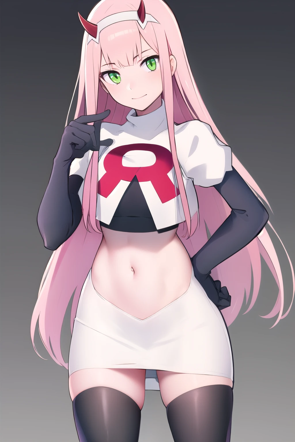 zero two \(darling in the franxx\), darling in the franxx, 1girl, bangs, green eyes, hairband, horns, long hair, looking at viewer, oni horns, pink hair, red horns, solo, team rocket,team rocket uniform,white skirt,red letter R,crop top,black thigh-highs,black elbow gloves, white hairband, ((masterpiece))