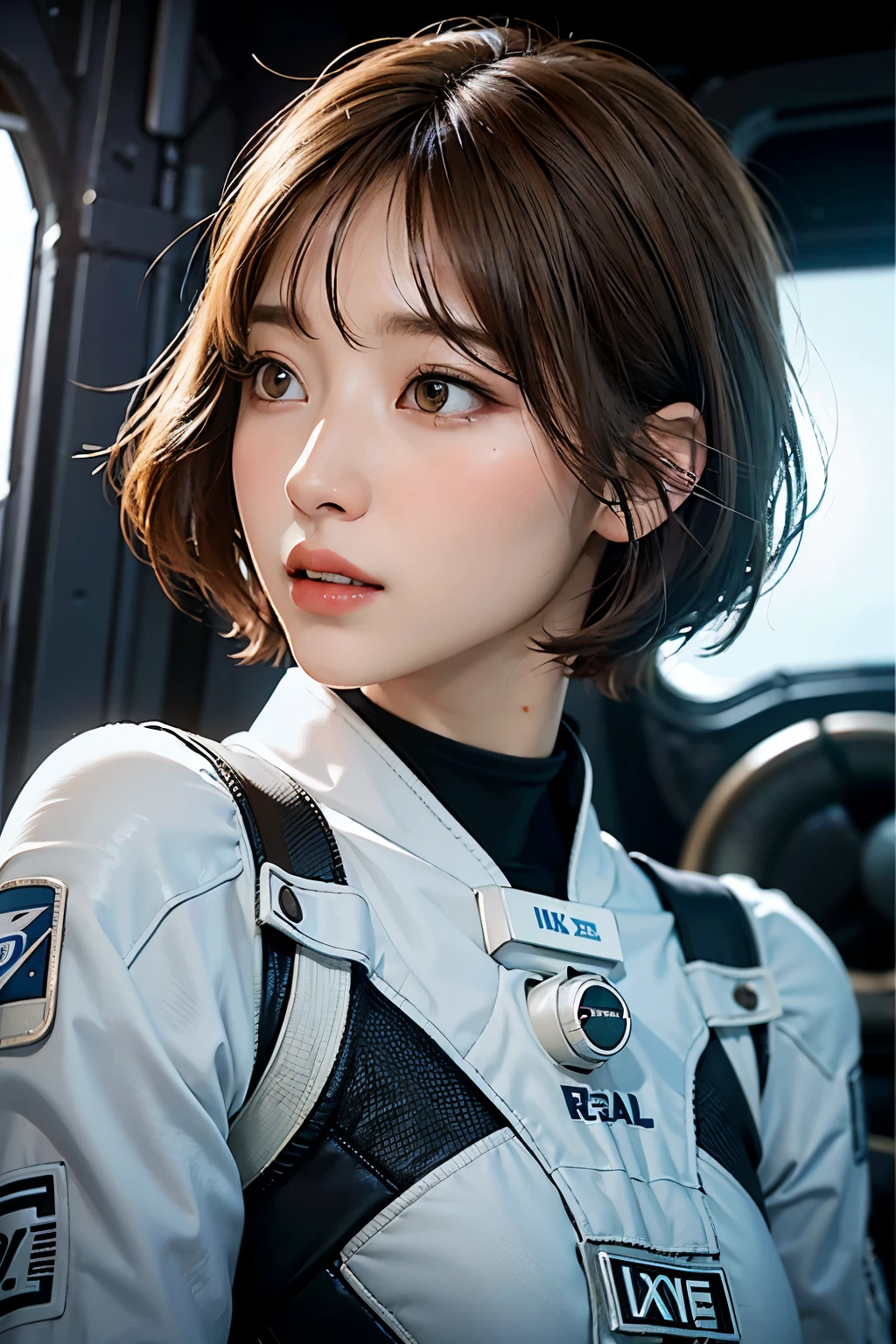 Ultra-high resolution、(Real:1.4)、One beautiful woman、Beautifully detailed eyes and skin、Light brown short hair、Full space suit、Space Station、Spaceship、Remains、Cloudy、Sci-Fi Taste、Movie quality、dramatic、Dramatic composition、