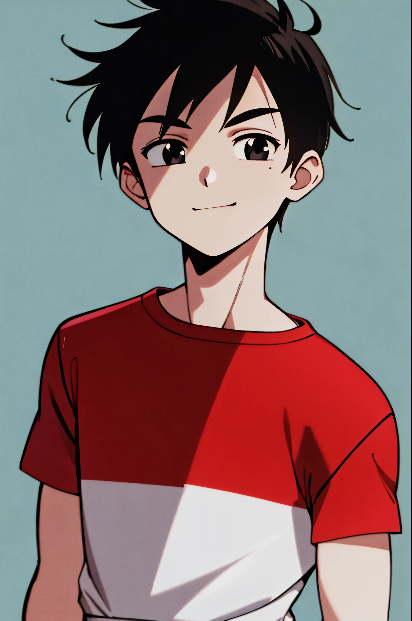 masterpiece, best quality, cel shaded, bright colors, 1boy, solo, male focus, young boy, short black hair, black eyes, narrow eyes, youthful smile, pale skin, muscular frame, red shirt, brown shorts, looking at viewer, staring straight ahead, upper body shot, simple background