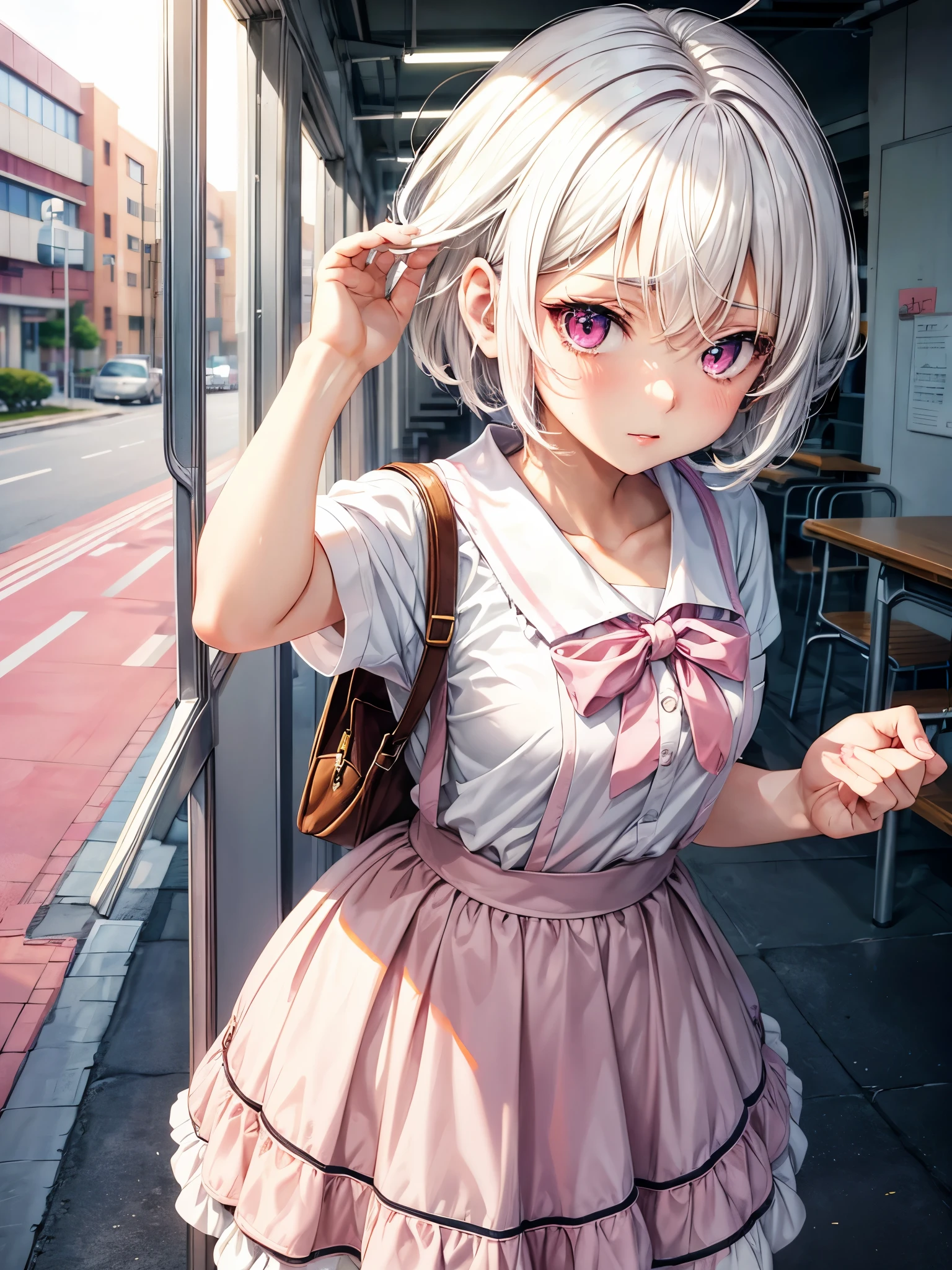 White hair. Short hair. 2-tone hair. anime girl. Pink eyes. Nekomimi. . Seifuku. At school. Study. 1girl.