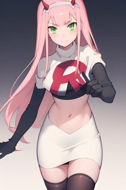 zero two \(darling in the franxx\), darling in the franxx, 1girl, bangs, green eyes, hairband, horns, long hair, looking at viewer, oni horns, pink hair, red horns, solo, team rocket,team rocket uniform,white skirt,red letter R,crop top,black thigh-highs,black elbow gloves, white hairband, ((masterpiece))