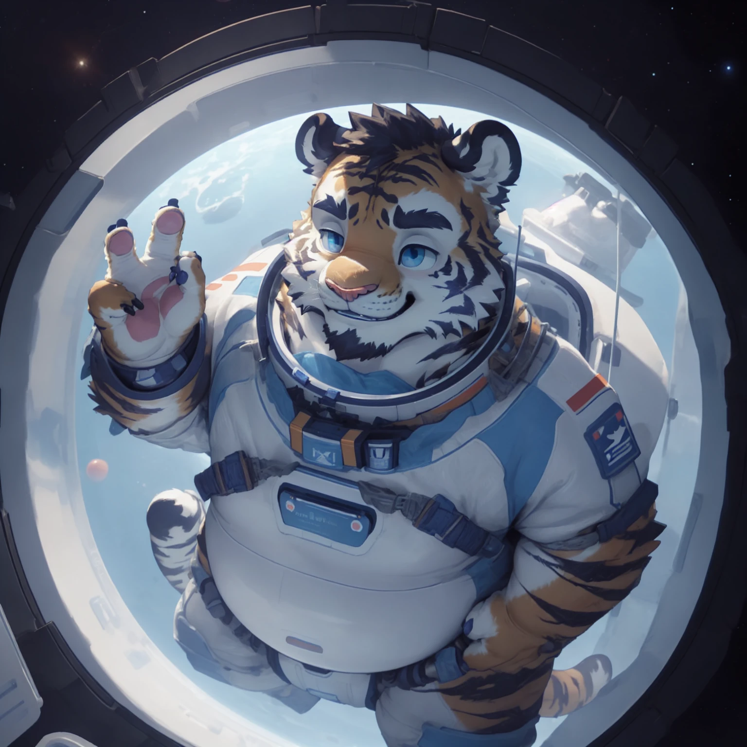 New Jersey 5 Furry,Tiger，portrait，Exquisite， Chubby，Fat，Thick arms，Rugged muscles，plush fur，Chubby脸，Black eyebrows，Sky blue eyes，Beard，Inside the spaceship，White spacesuit，Space suit，astronaut，Sea of stars，float，Smile