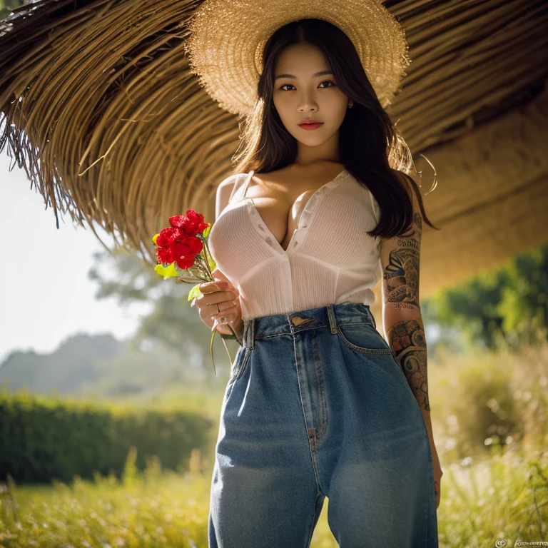 ((best quality, 8k, Masterpiece :1.3)), Clear face focus :1.2, sexy,Huge breasts bouncing and overflowing.,) Wearing old ripped jeans,) Wear a brightly colored tight-fitting, dark red, dark blue, shirt.,) Korean style, girl style. Long hair blows up with the force of the wind.,) White tattoo 25 years. perfect body beauty:1.4. In front of the camera. More intimate. clearer than this, countryside,) There is an old, thatched hut.,) There are red flowers around.,) Sunlight shines brightly in the evening, the sun is about to set, glistening °Full Body°, Highly detailed faces and textures, Detailed eyes, alone, Realistic photos:1.37 .. The fine texture of the tattooed skin.. hand tattoo. breasts tattoo , Shot with a high quality Fuji camera., Color light 45.,000,000 pixels ,)) Too realistic,)