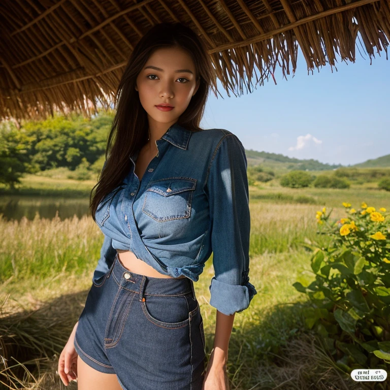 ((best quality, 8k, Masterpiece :1.3)), Clear face focus :1.2, sexy,Huge breasts bouncing and overflowing.,) Wearing old ripped jeans,) Wear a brightly colored tight-fitting, dark red, dark blue, shirt.,) Korean style, girl style. Long hair blows up with the force of the wind.,) White tattoo 25 years. perfect body beauty:1.4. In front of the camera. More intimate. clearer than this, countryside,) There is an old, thatched hut.,) There are red flowers around.,) Sunlight shines brightly in the evening, the sun is about to set, glistening °Full Body°, Highly detailed faces and textures, Detailed eyes, alone, Realistic photos:1.37 .. The fine texture of the tattooed skin.. hand tattoo. breasts tattoo , Shot with a high quality Fuji camera., Color light 45.,000,000 pixels ,)) Too realistic,)