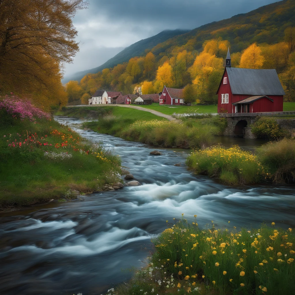 The river flows, the town has a peaceful atmosphere, there are houses, grassy fields, wild flowers blooming.