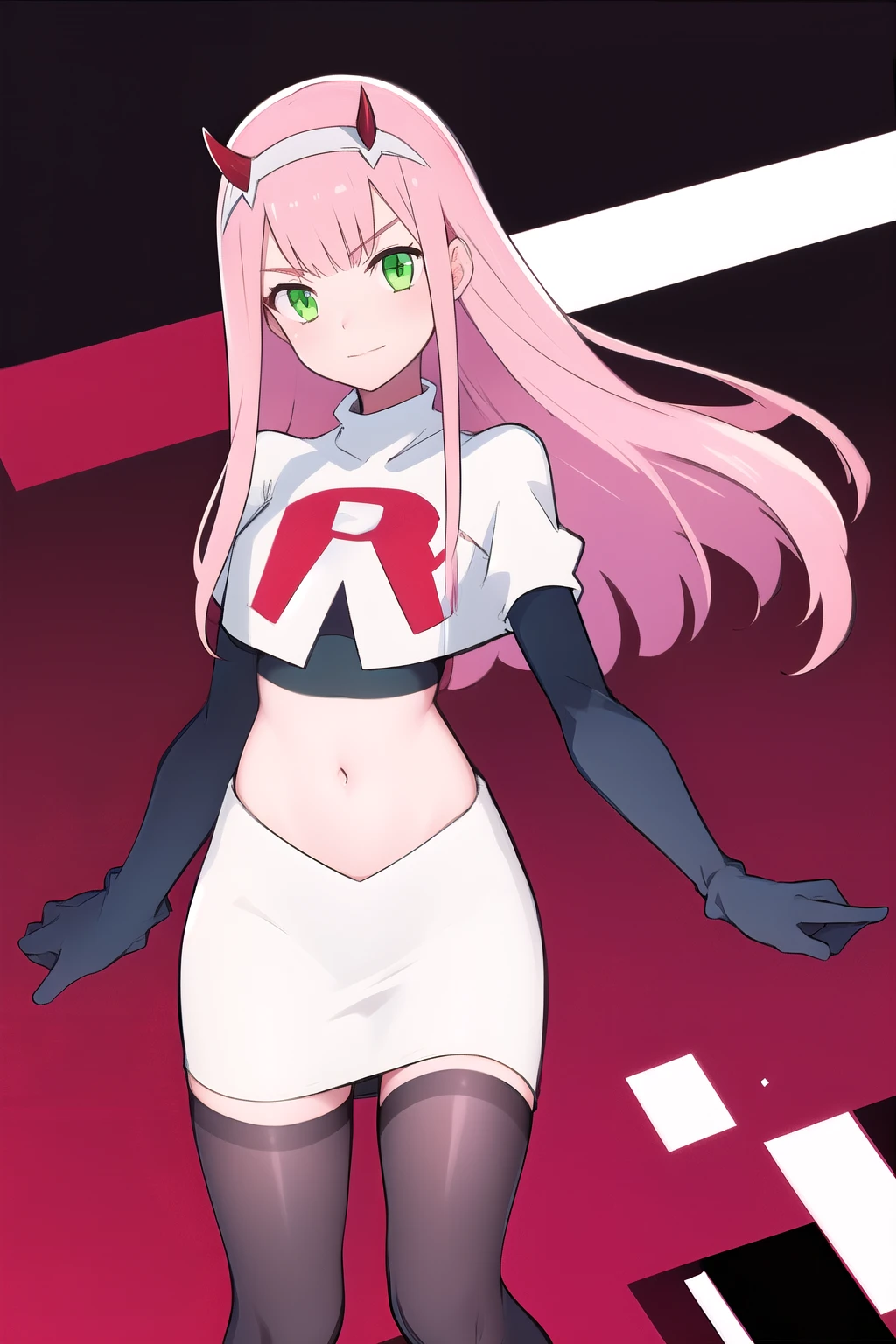 zero two \(darling in the franxx\), darling in the franxx, 1girl, bangs, green eyes, hairband, horns, long hair, looking at viewer, oni horns, pink hair, red horns, solo, team rocket,team rocket uniform,white skirt,red letter R,crop top,black thigh-highs,black elbow gloves, white hairband, ((masterpiece))