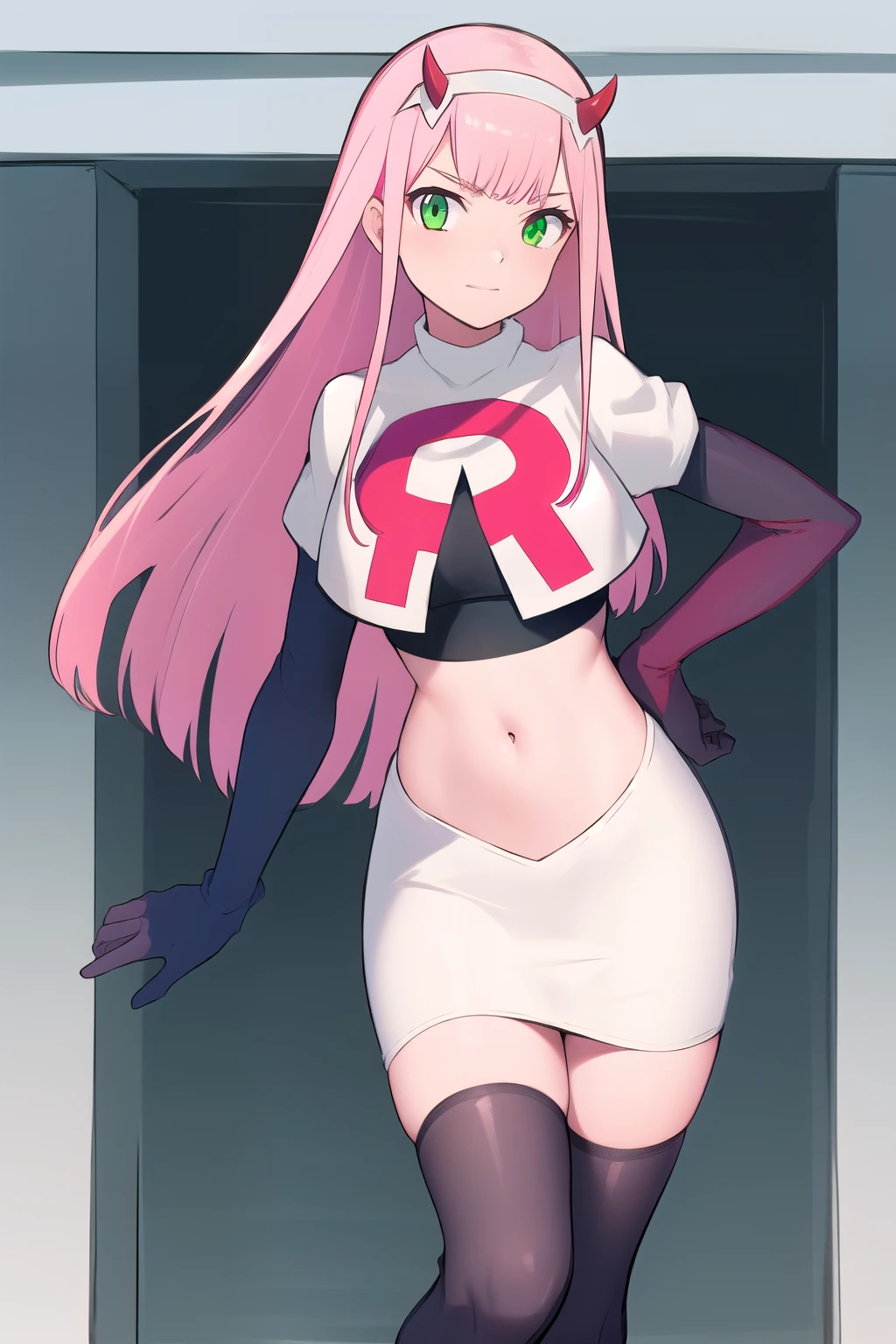 zero two \(darling in the franxx\), darling in the franxx, 1girl, bangs, green eyes, hairband, horns, long hair, looking at viewer, oni horns, pink hair, red horns, solo, team rocket,team rocket uniform,white skirt,red letter R,crop top,black thigh-highs,black elbow gloves, white hairband, ((masterpiece))