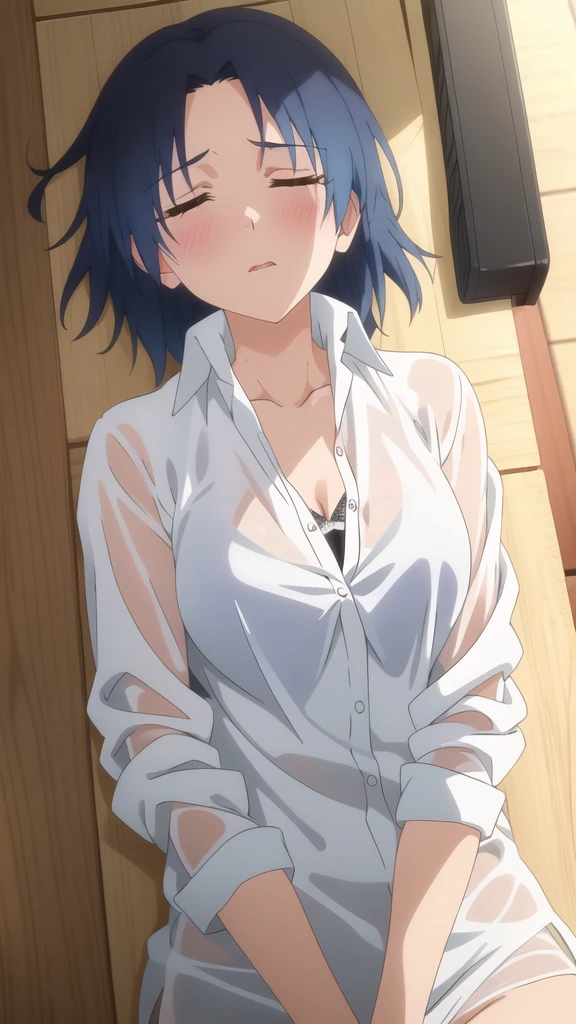 (nsfw),(masterpiece), (best quality),  ruka_sarashina, 1girl, solo, short_hair, open_mouth, bangs, cum in vaginal , vaginal penetration with , nipple ,lying on back, black_hair, collarbone, hairband, virtual_youtuber, swept_bangs, blue_shirt, room_background, blue_hairband, selfie, sad expression ,rape , no pants,cum all over body, male POV,spread_legs, , arms tied up ((arms up)), torture, serious, restraints, struggling, ryona , snuff