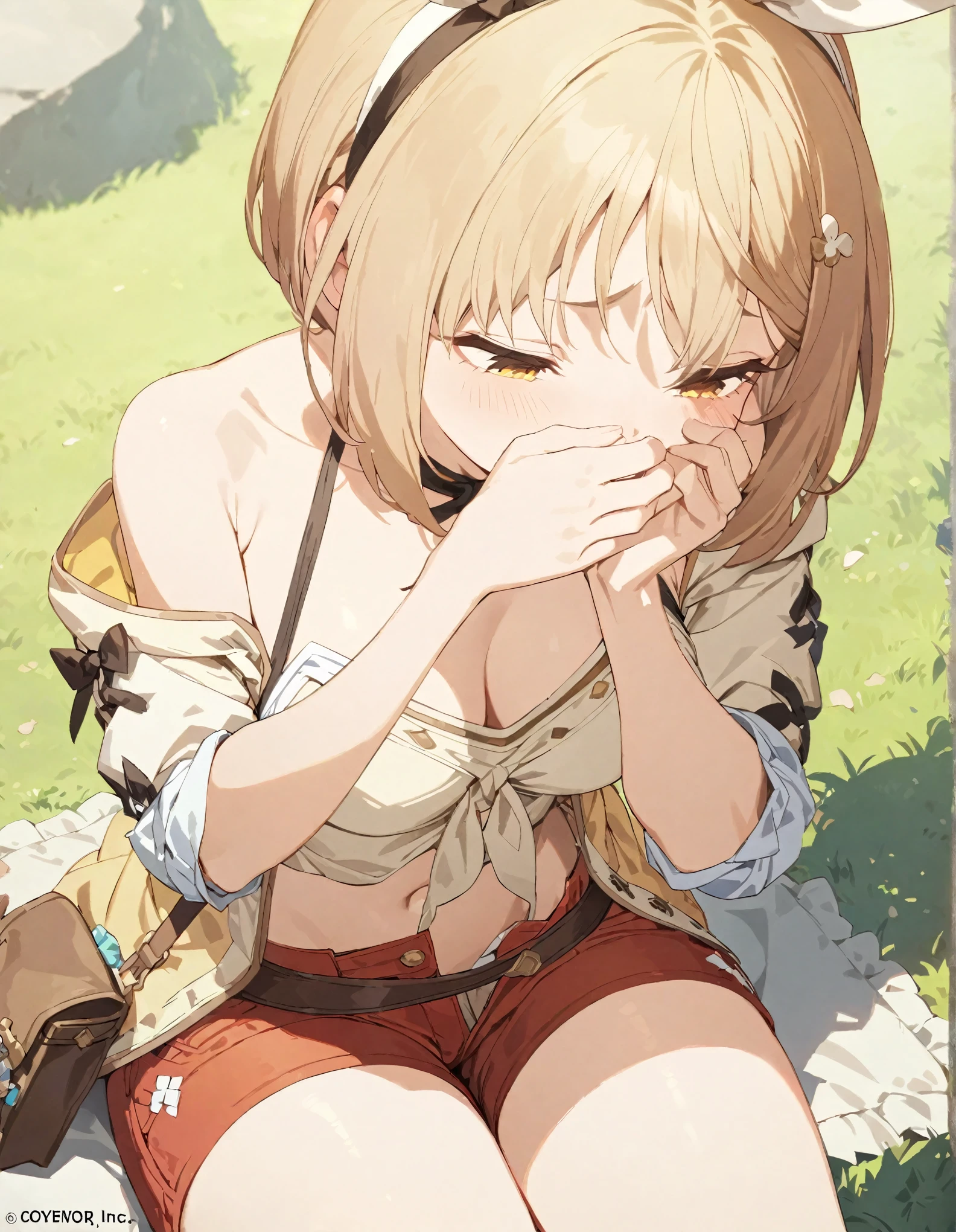 Atelier Ryza, short hair, Reisalin Stout, thigh , red shorts, short shorts, 1girl, masterpiece, best quality, ultra-detailed, perfect composition, intricate details, filled yellow smoke,
(best quality,masterpiece:1.5),absurdres,highres,8k, ultra high res, official art,illustration,extremely detailed, looking down, {{Head down}}, Look down, from above, {{{covering nose with hand}}}, blown eye
