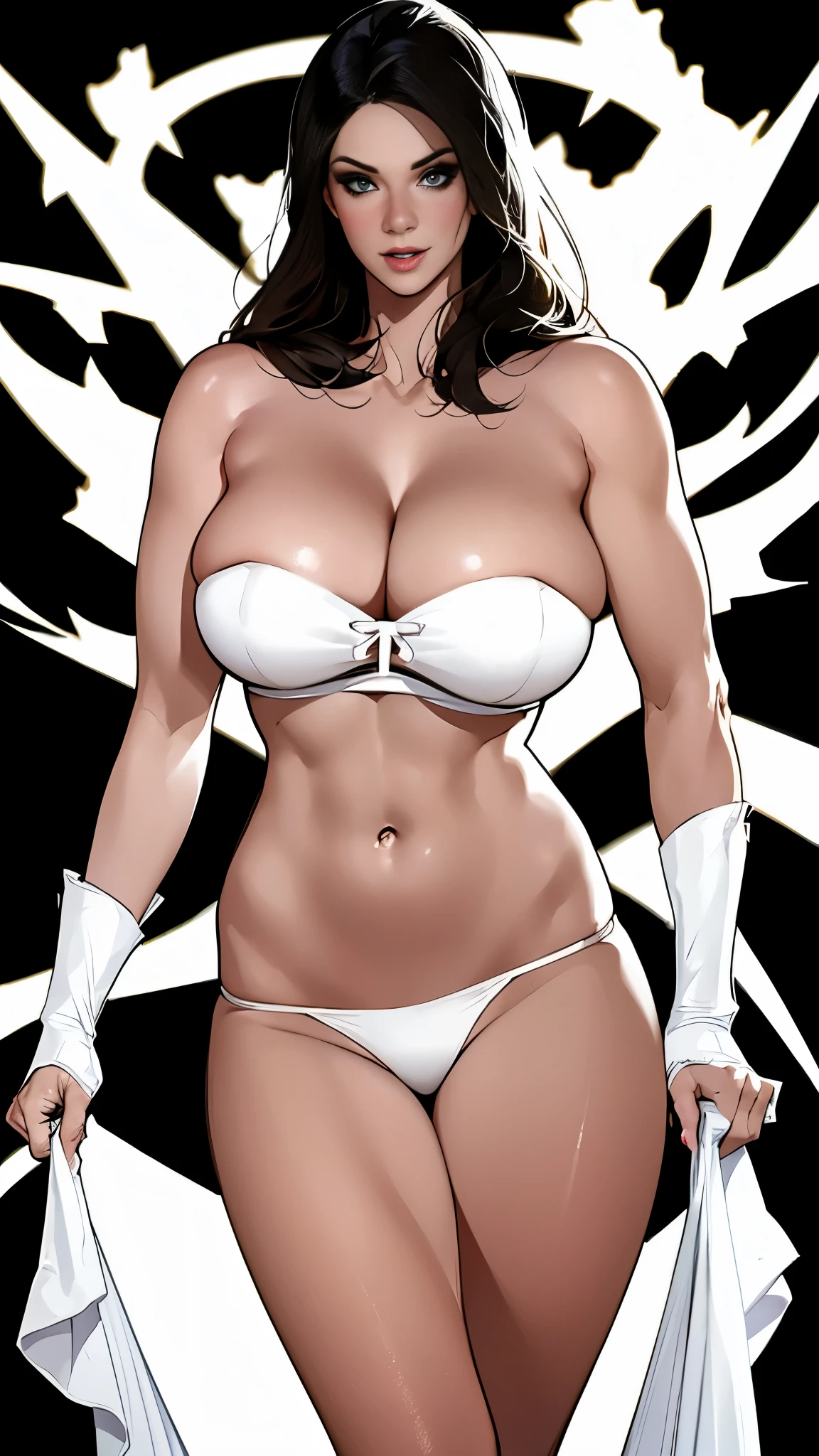 Alison Tyler in comic book panel, bold lineart illustration comic, com visual Futurista, wearing a sexy white lingerie, big tits, big ass, NSFW, a weathered appearance creates an aura of survival and resilience. beleza de cair o queixo, rosto e corpo atraentes, Mulher atraente, uma morena linda, garota linda, Adorable woman, linda mulher, lindo corpo e rosto detalhados, uma linda jovem, decote, black background, HDR 8K