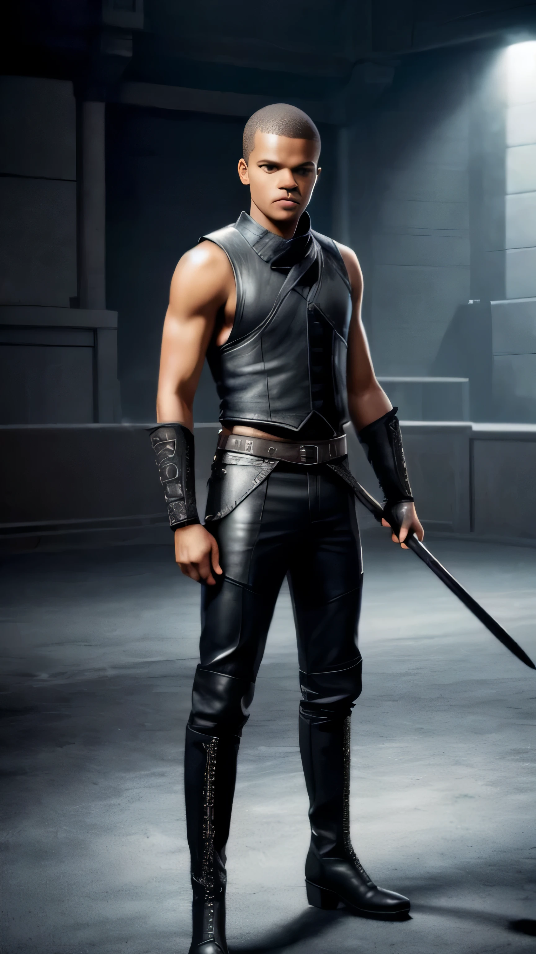 Jacob Anderson as Grey Worm, black vest, black leather pants, boots, holding one spear, standing, in the arena, (1man), (solo), (full body view), beautiful detailed glow, detailed, cinematic light, intricate detail, realistic, highres, detailed facial features, high detail, sharp focus, smooth, aesthetic, extremely detailed, stamp, octane render
