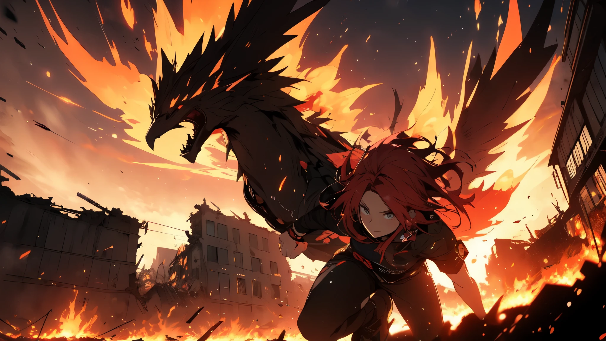 1 beautiful woman with long red hair, rockstar clothes, burning skies and a large phoenix flying in the sky, city in ruins in the background, lighting coming from the flames, very high resolution, very high definition, dynamic composition, intricate details, cinematic vision, image of action