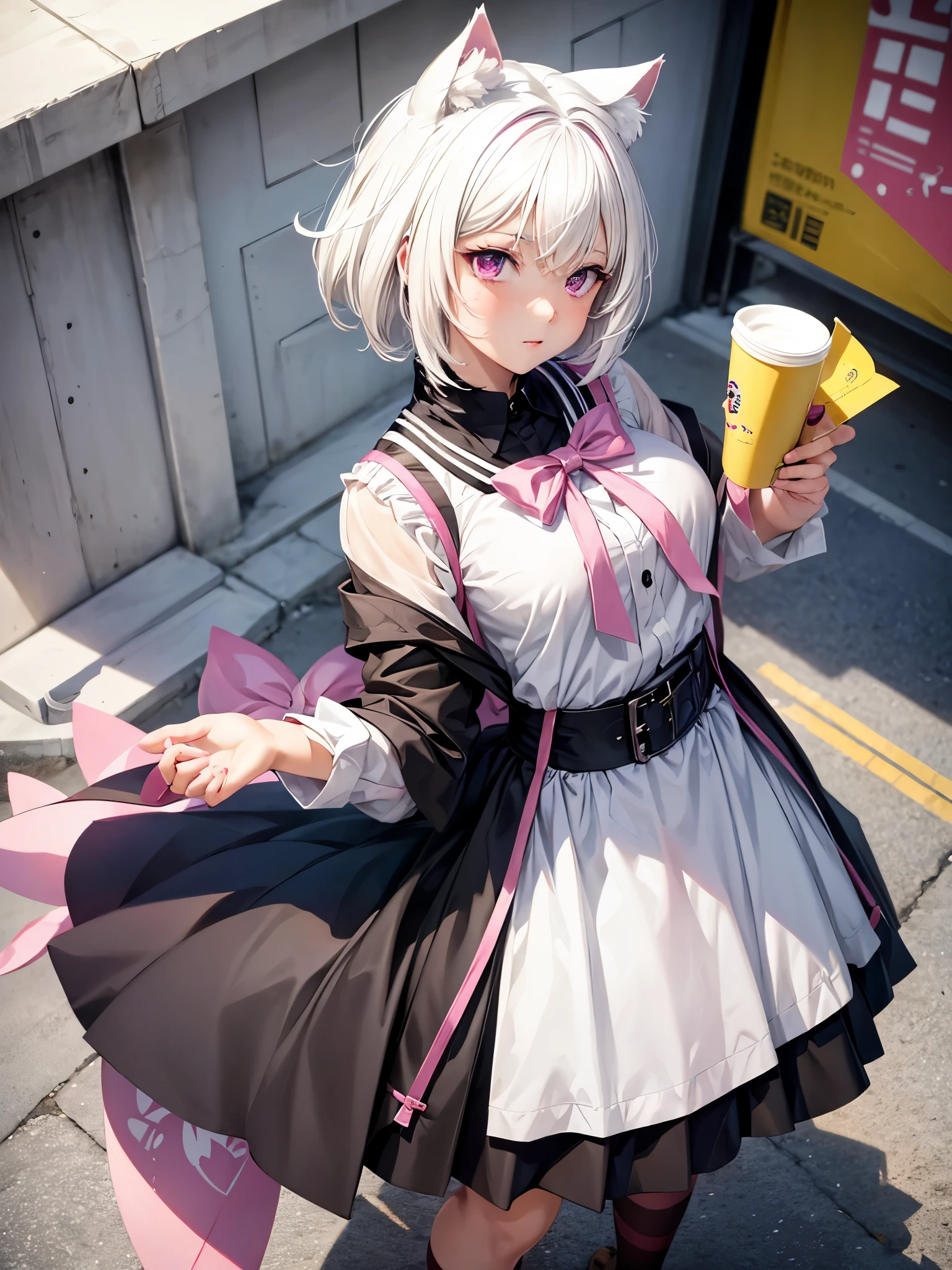 White hair. Short hair. 2-tone hair. anime girl. Pink eyes. Nekomimi. . Seifuku. At school. Study. 1girl.