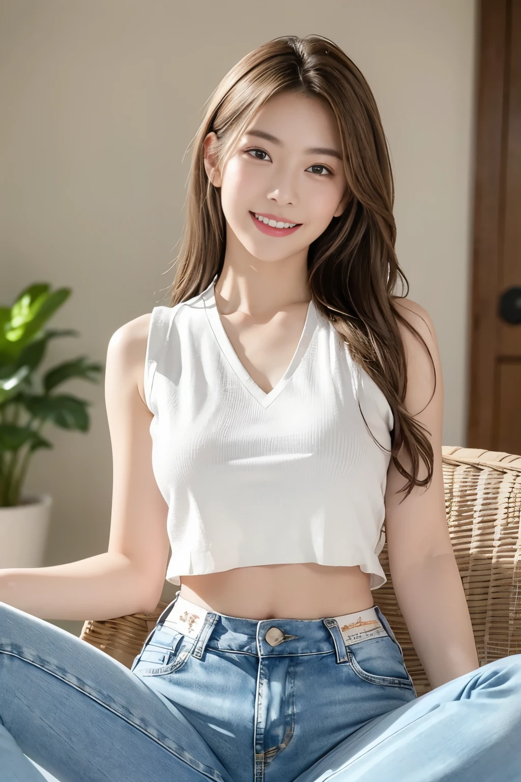 A girl with a radiant smile adorned her face, captivating the viewer's heart. She wore a pristine white vest, its fabric softly crinkling, revealing a slim, toned midriff. Her jeans hugged her slender figure, adding to her irresistible allure. With her eyes fixed on the camera lens, she exuded confidence and charm. The photograph, raw and untouched, was a testament to her captivating beauty. (8K, Real photo, Top image quality: 1.4, beautifully detailed, masterpiece, big smile:1.3, white vest, jeans, looking at camera, (without people in the background:1